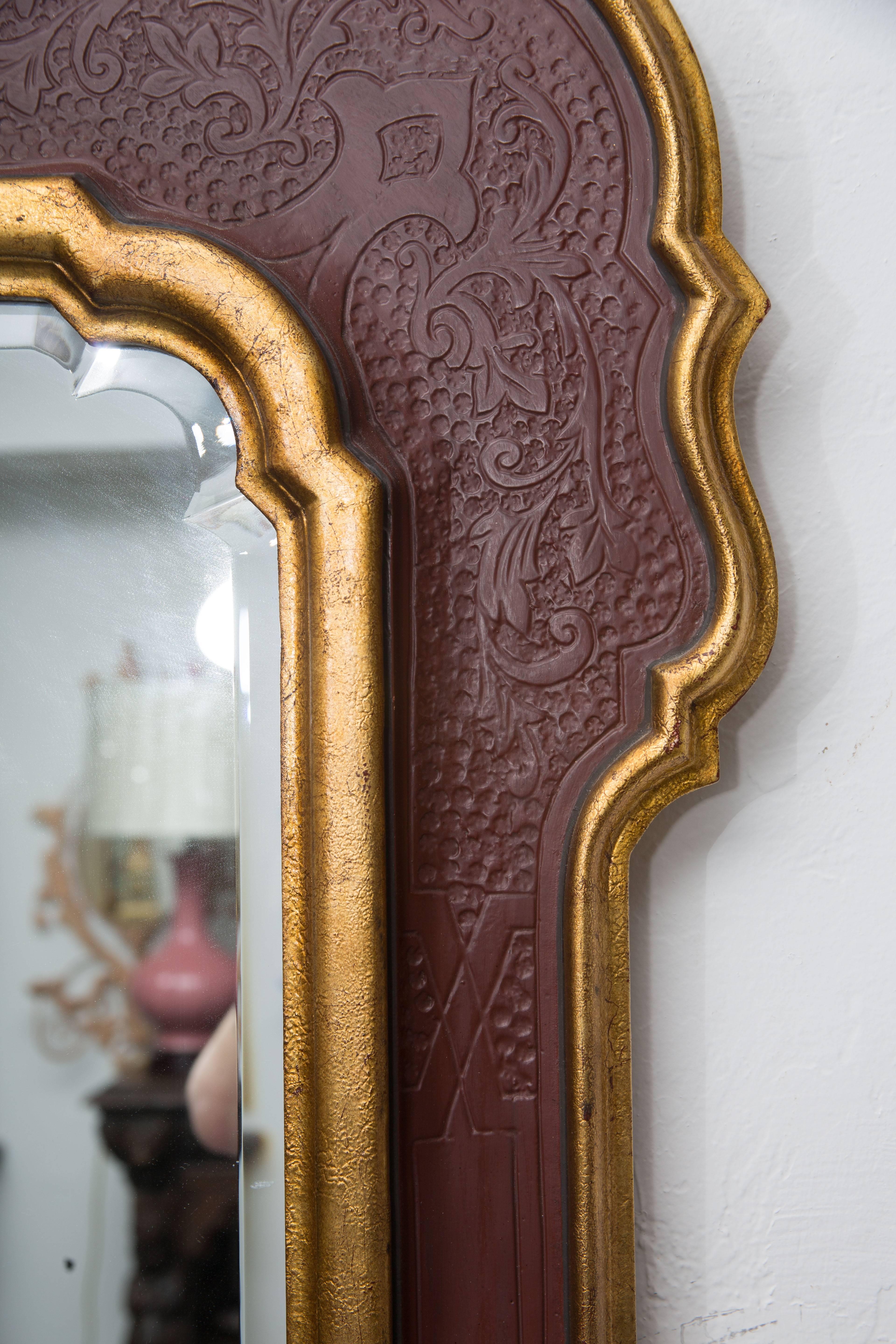 Beveled Unique Gilt and Cordovan Painted Mirror, 20th Century