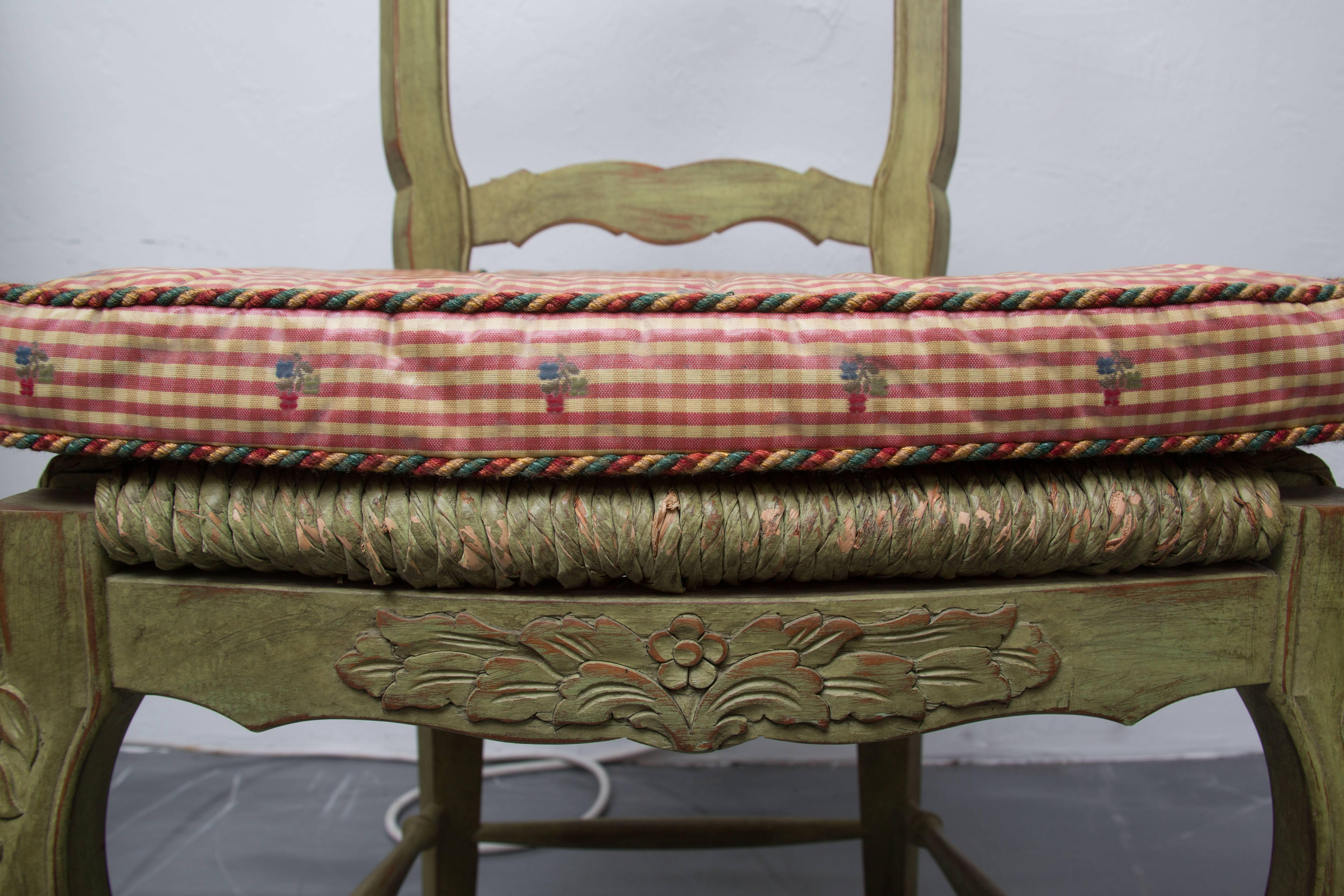 Rush Pair of Green-Painted Oak Louis XV Style Side Chairs