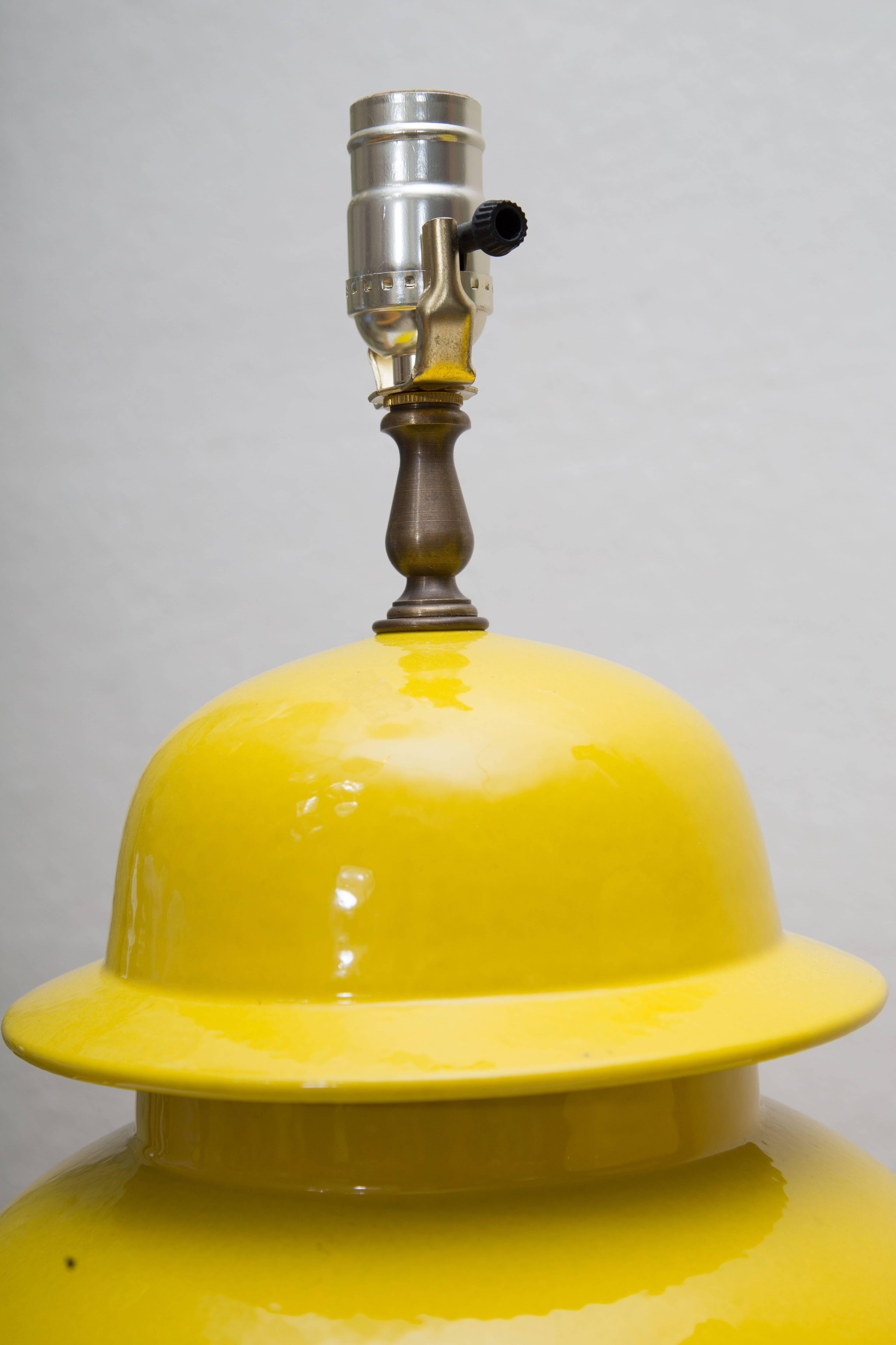 Glazed Pair of Yellow Asian Lidded Vases as Lamps