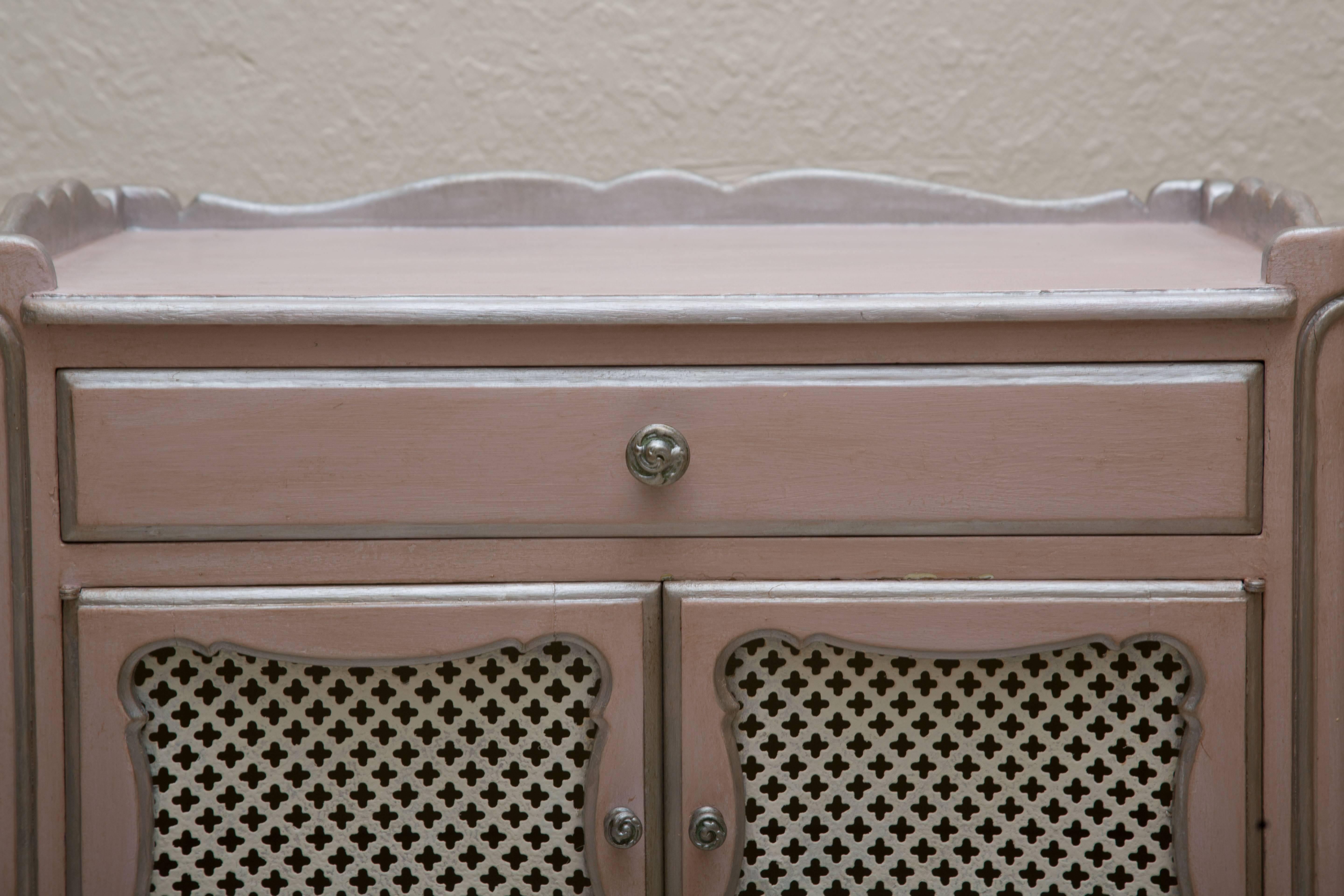 Wood Pair of Pink Painted and Parcel Silver Commodes, 20th Century