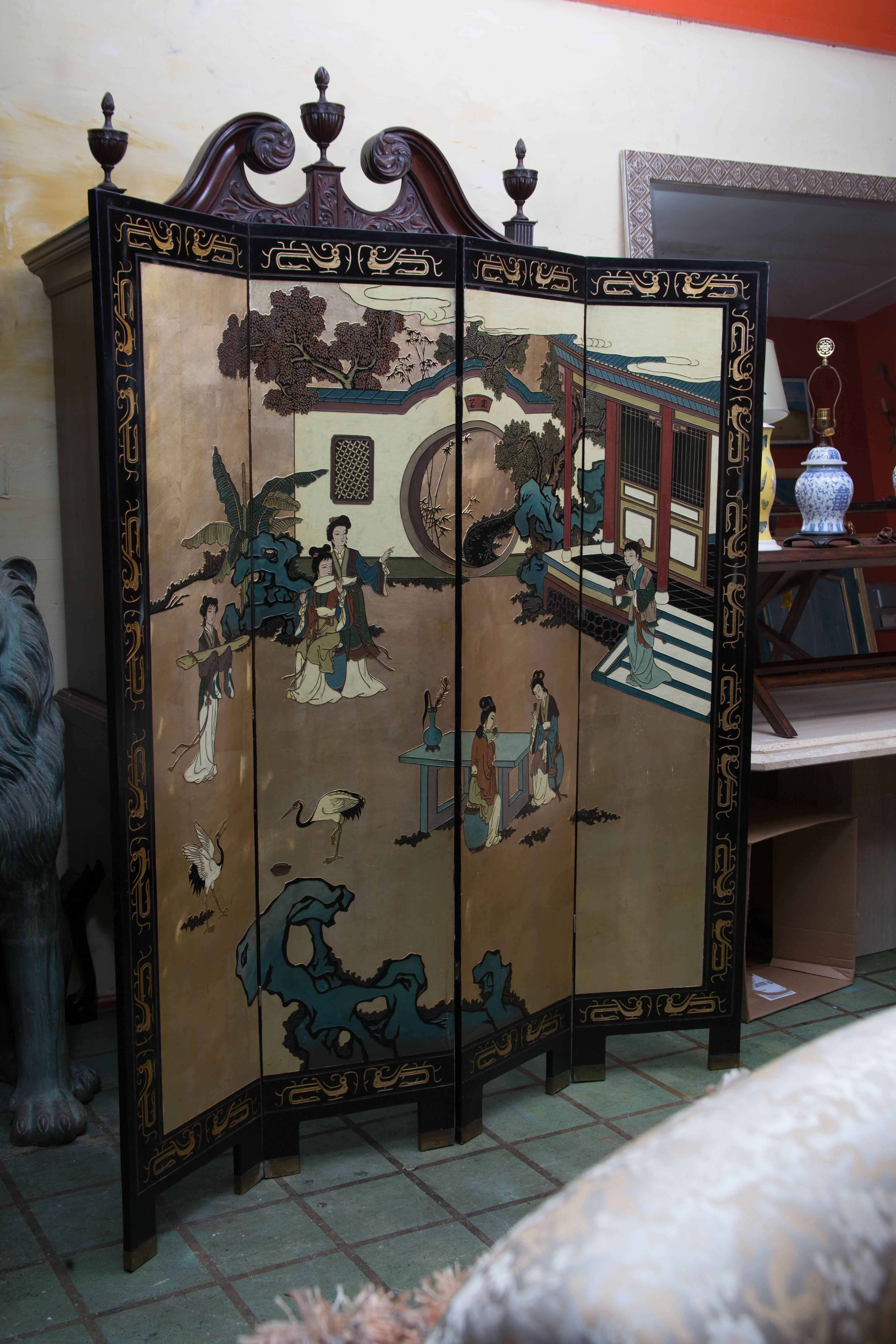 Carved Mid-Century Chinese Coromandel Lacquer Folding Screen