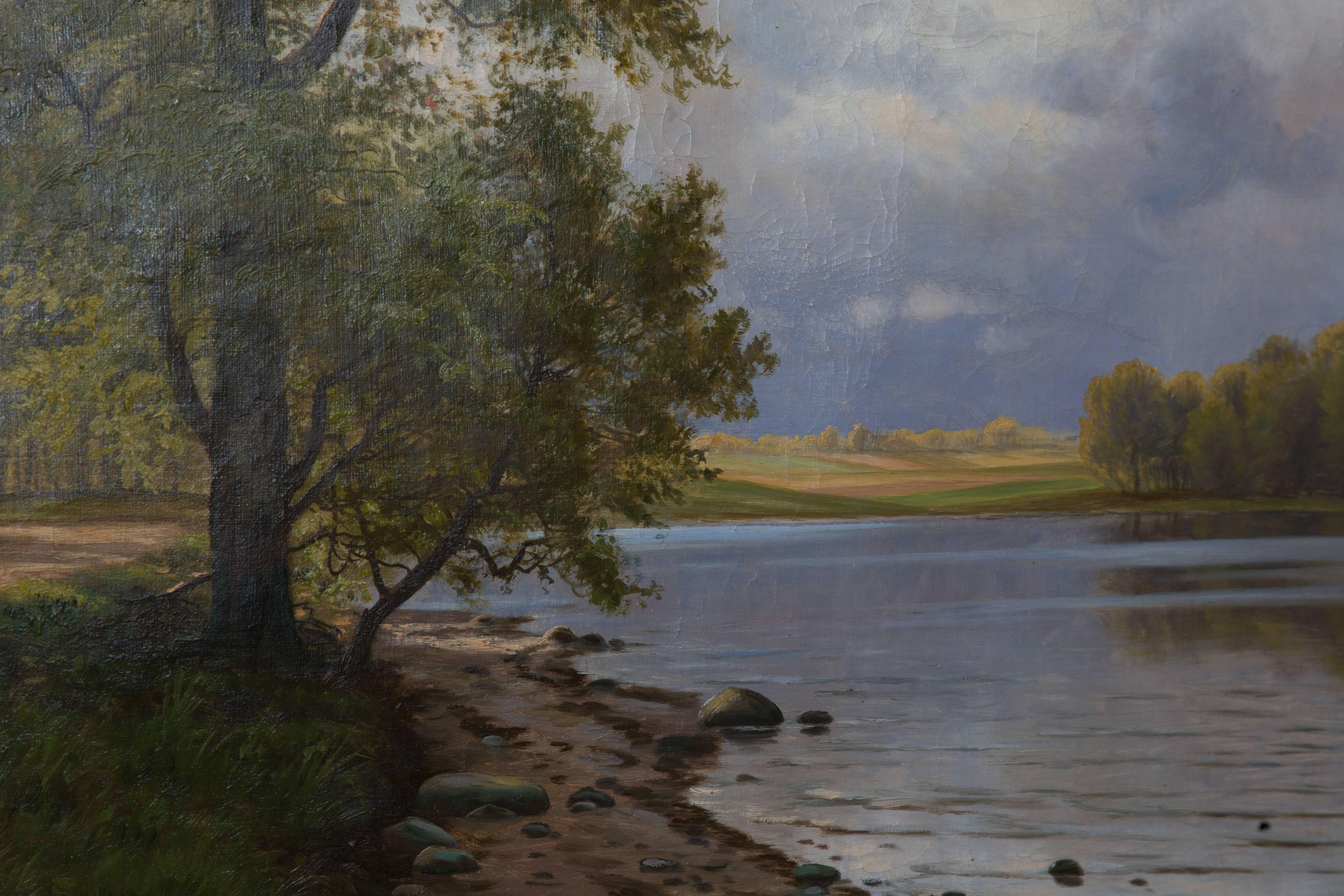 A stunning and serene painting on canvas where the artist celebrates the peace and tranquility of a natural setting. Signed by the artist in the lower left corner. The painting is European, circa 1890-1920.