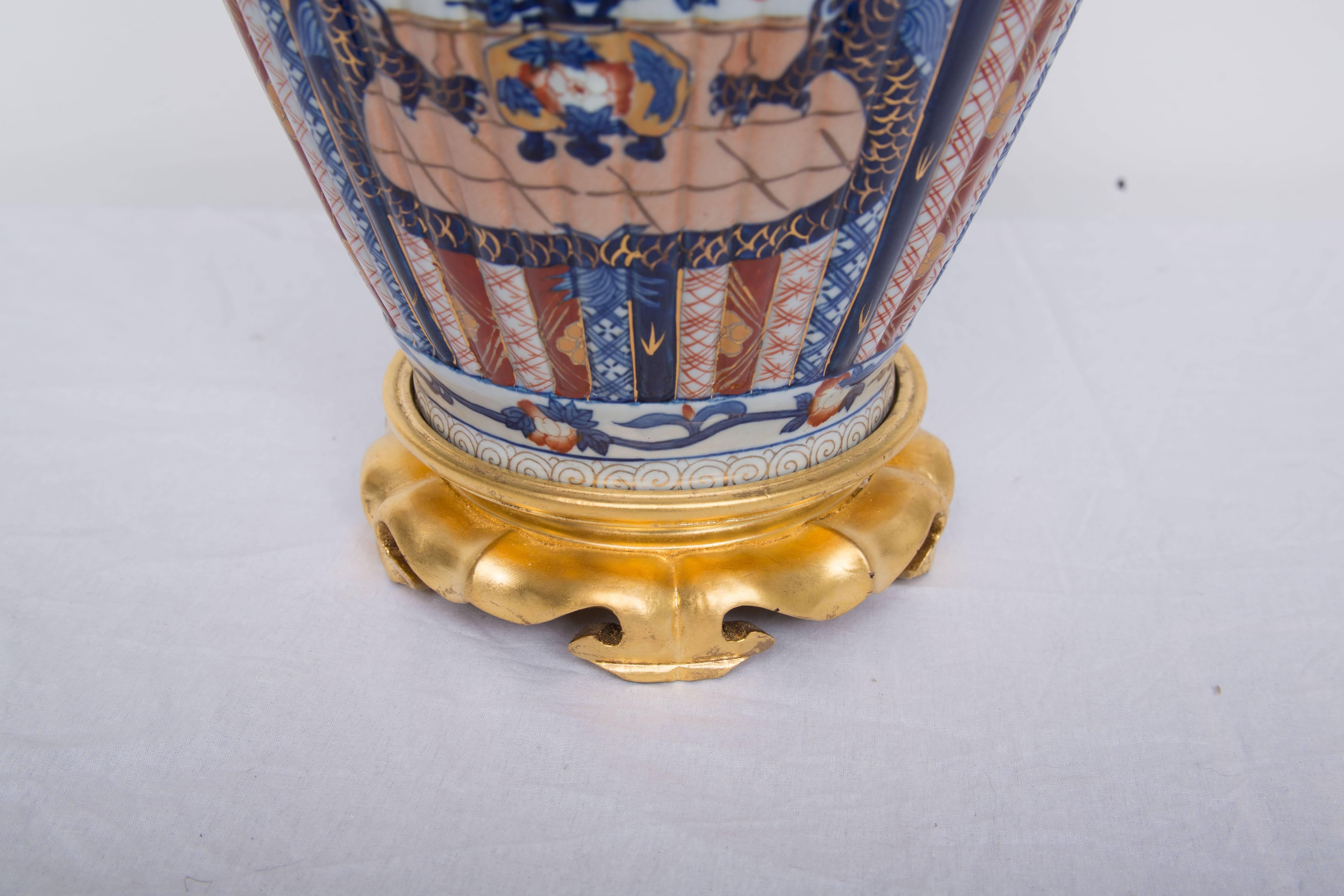 Japanese Imari Vase as Lamp with Giltwood Cap and Base