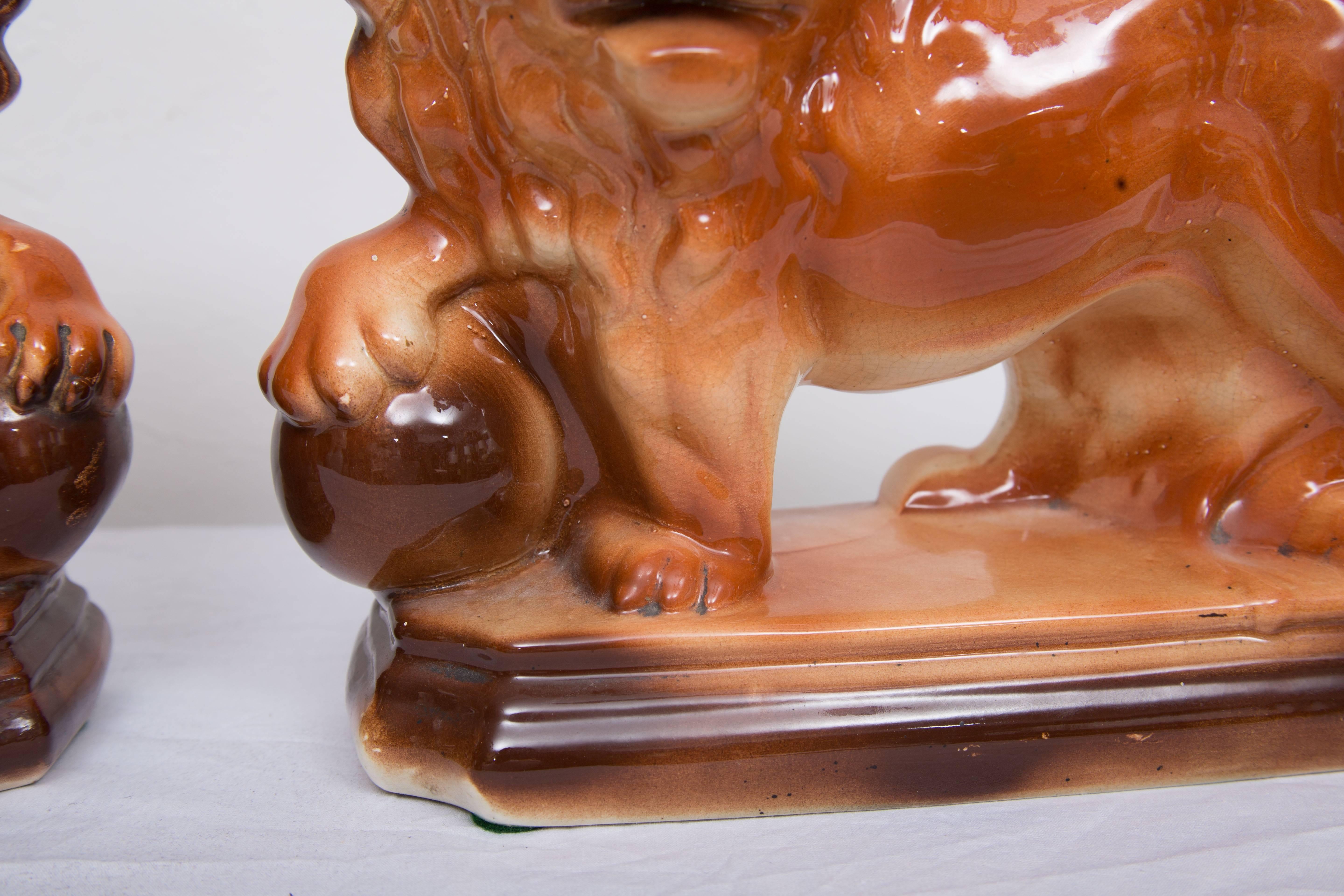 English Pair of Ceramic and Glazed Lions by Lancaster & Sons (Hanley) Ltd (L&S)
