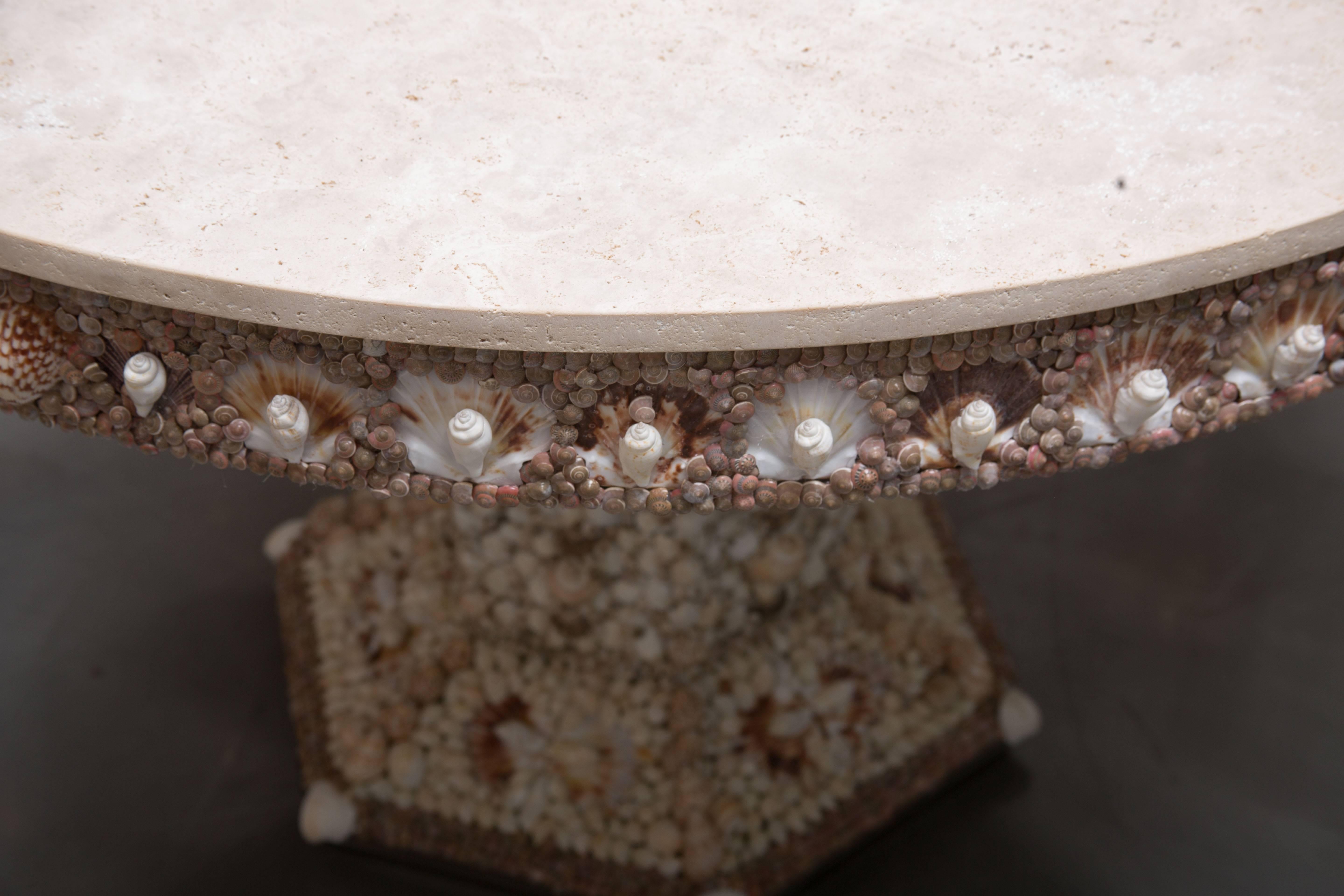Hand-Crafted Shell Encrusted Centre Table with Travertine Top