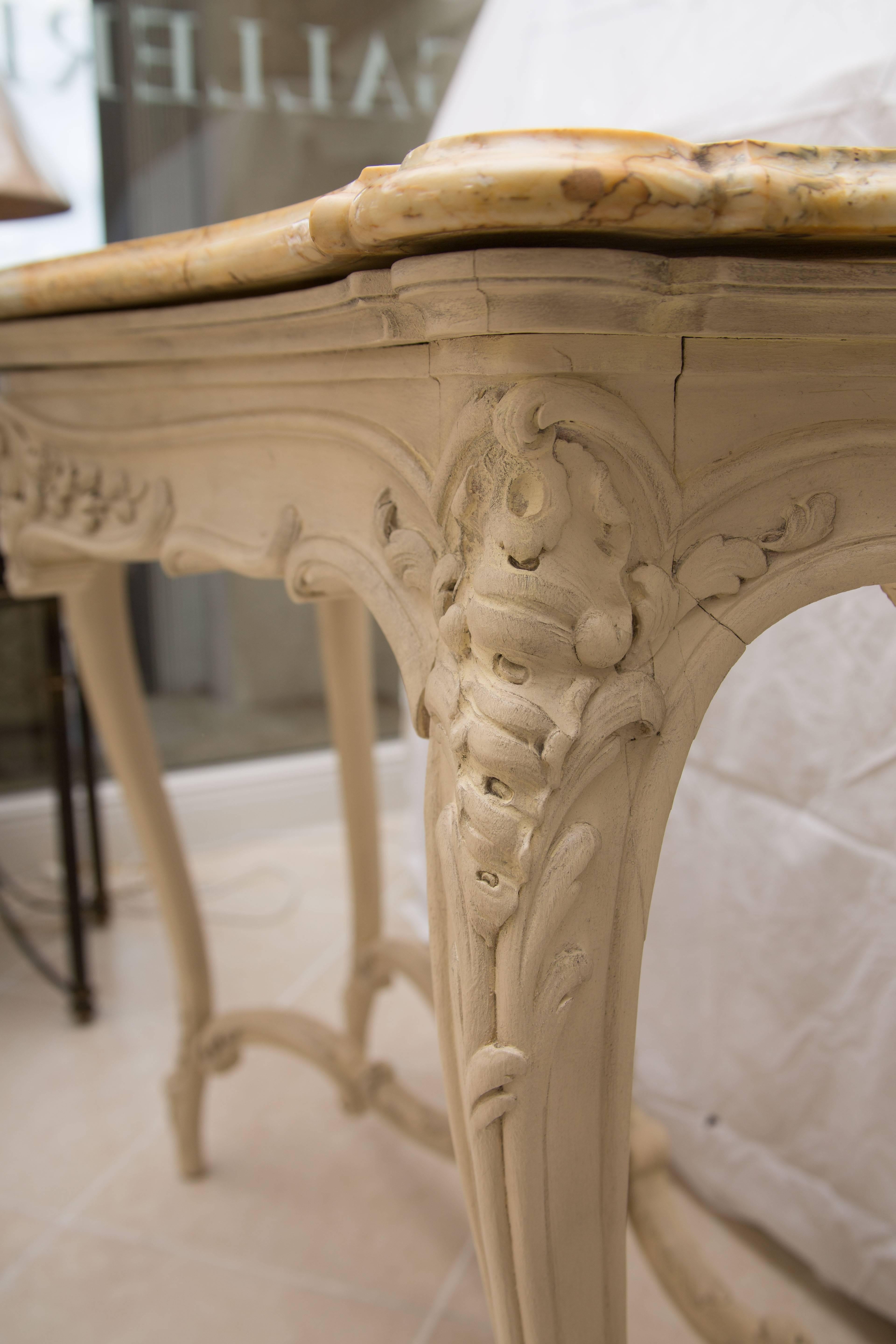 Beveled Pair of 19th Century Cream-Painted Beechwood Console with Siena Marble Tops