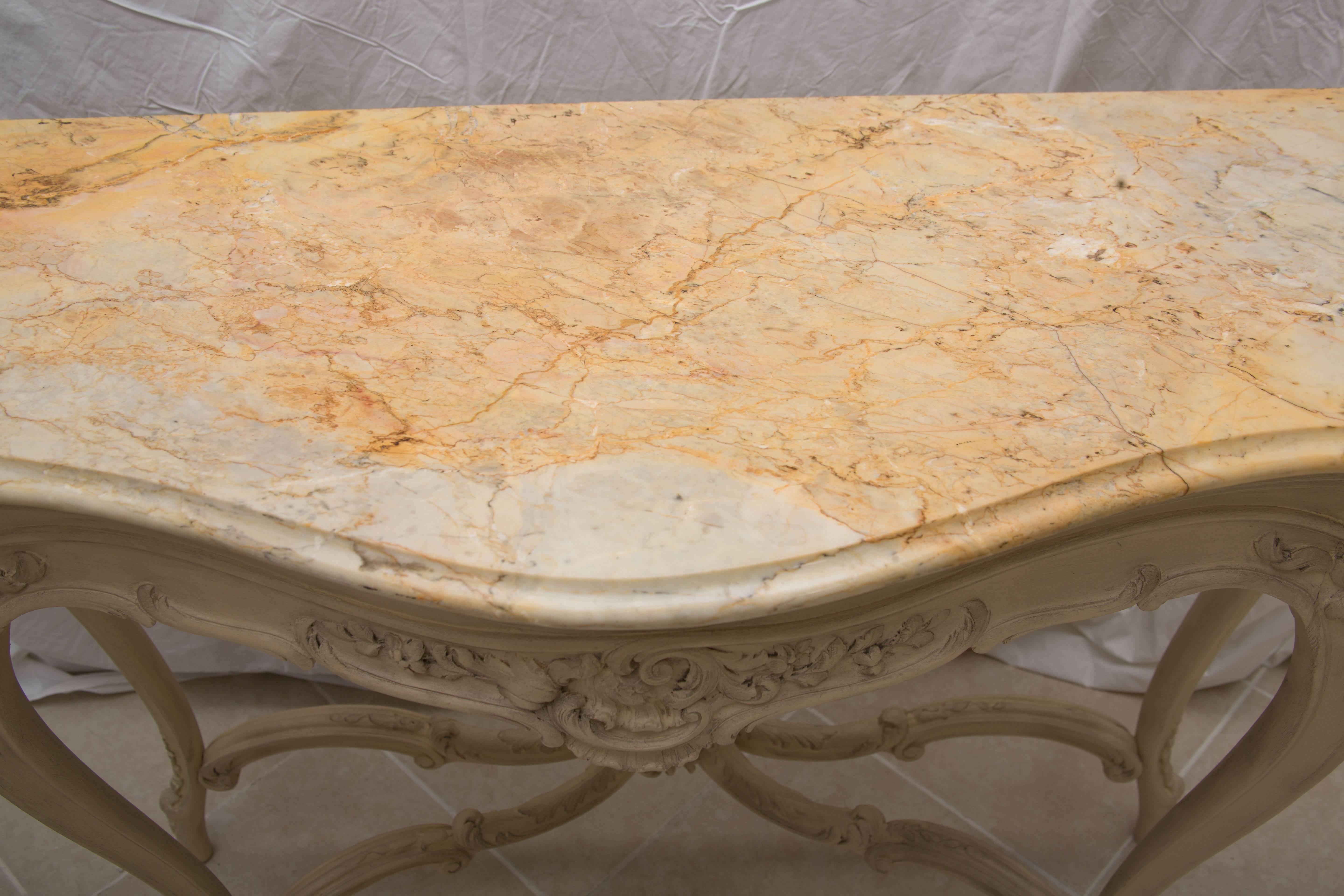 Pair of 19th Century Cream-Painted Beechwood Console with Siena Marble Tops In Good Condition In WEST PALM BEACH, FL