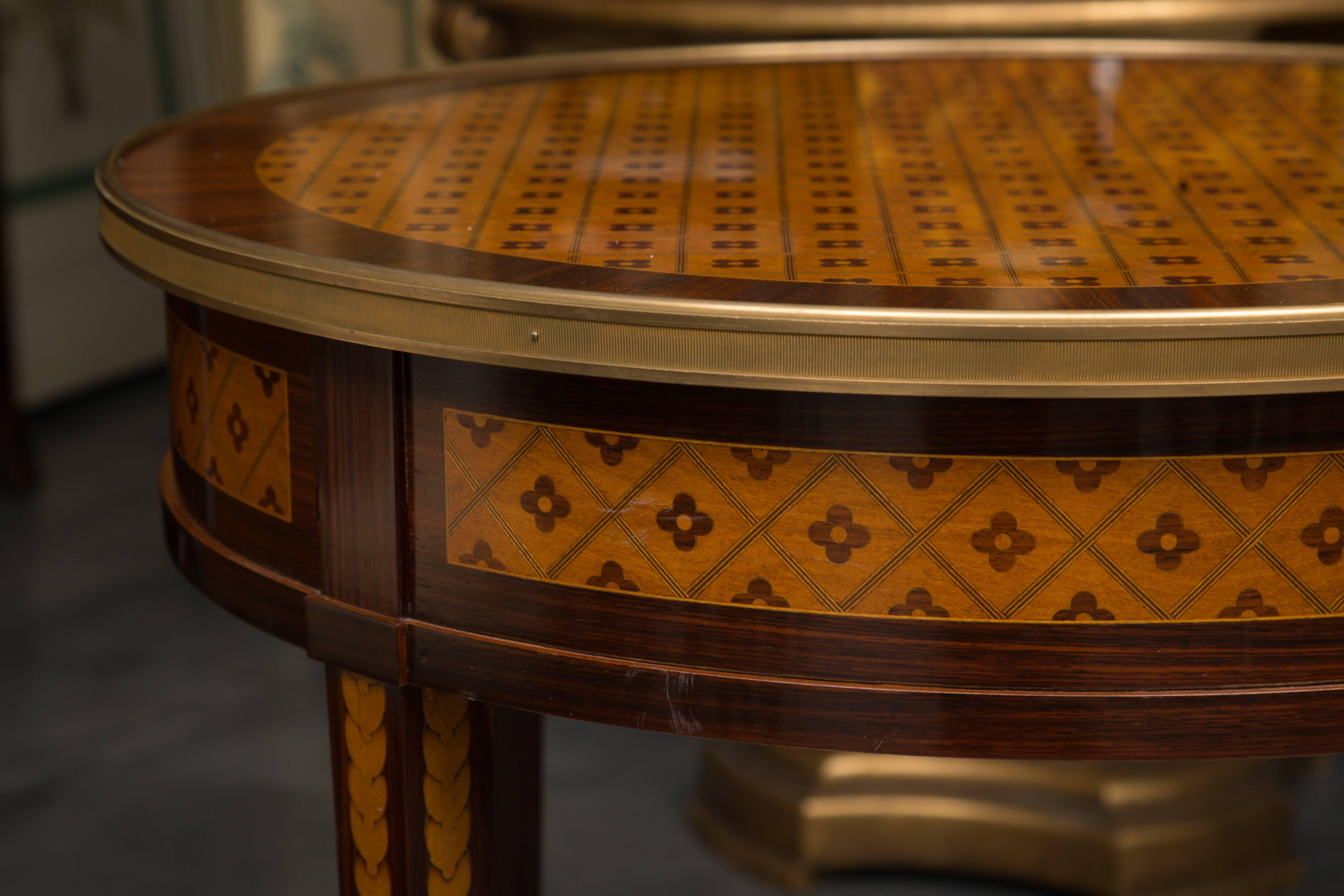 20th Century Circular Inlaid Louis XVI Side Table with Brass Accents