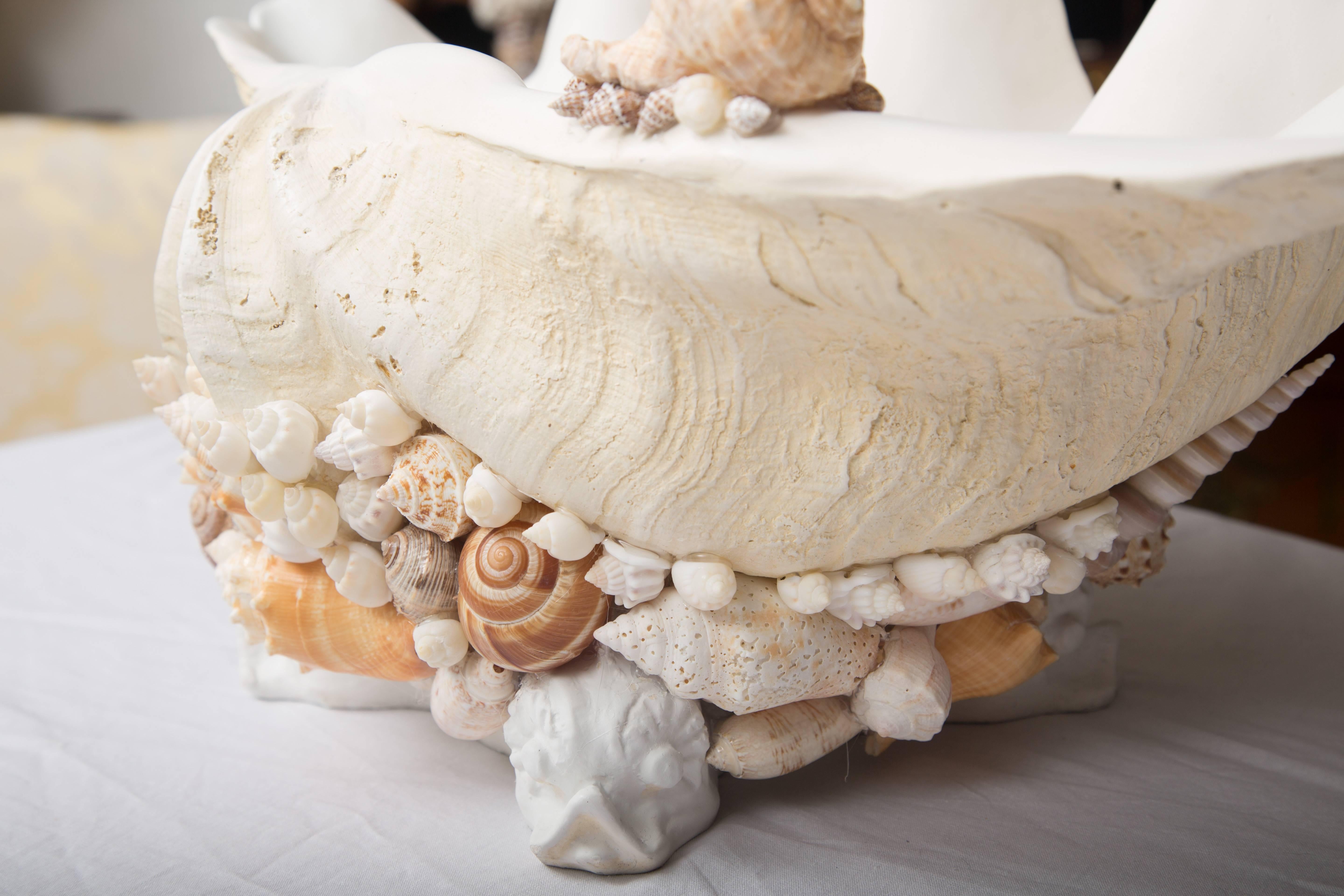 Hand-Carved Decorative Shell Encrusted Composition Clam Shell with Natural Sea Shells