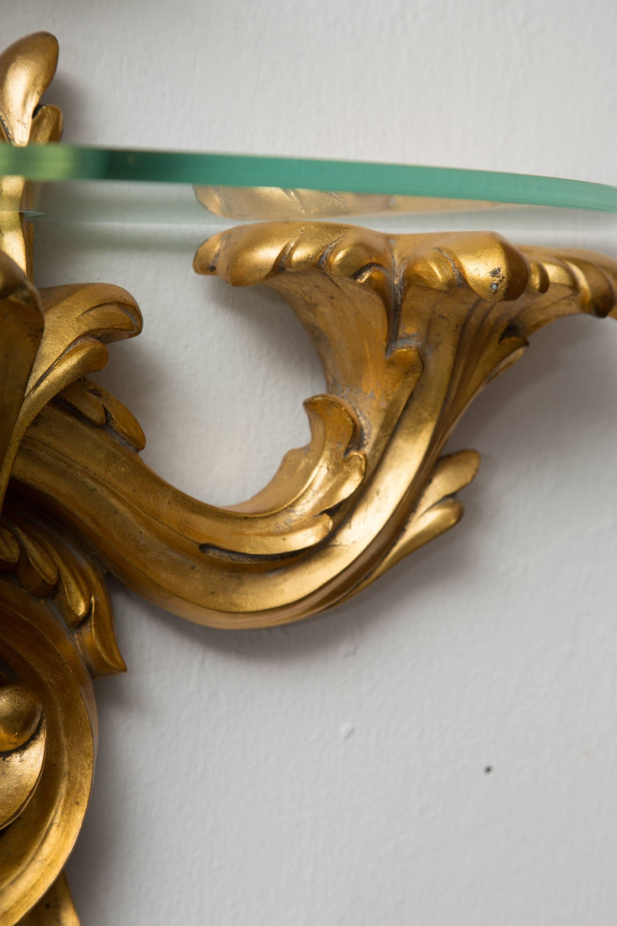 Italian Pair of Gilt Rococo Style Brackets with Glass Shelves