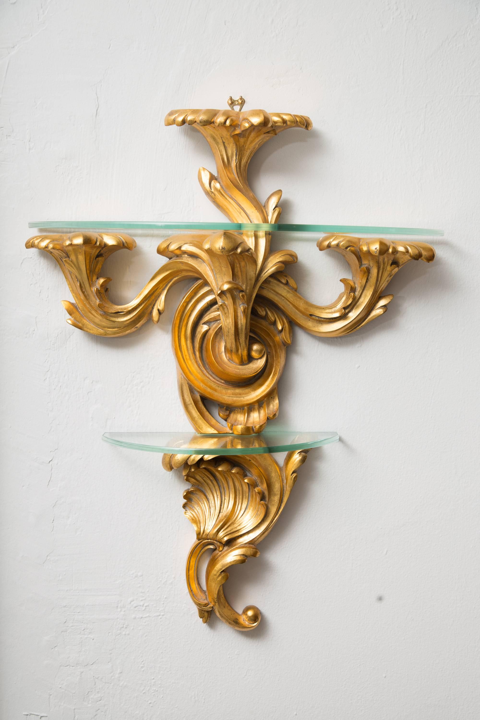 Pair of Gilt Rococo Style Brackets with Glass Shelves 1