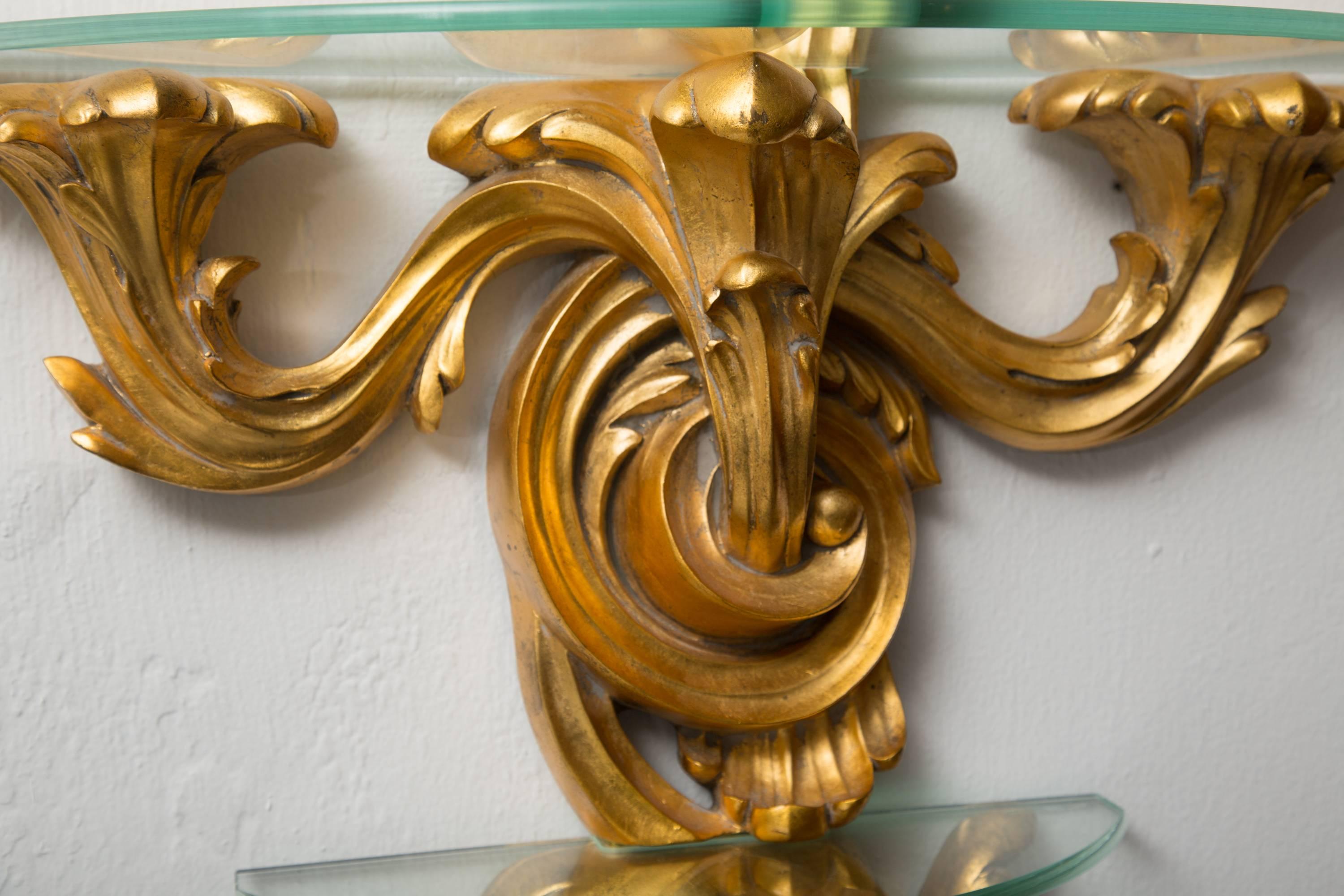 20th Century Pair of Gilt Rococo Style Brackets with Glass Shelves