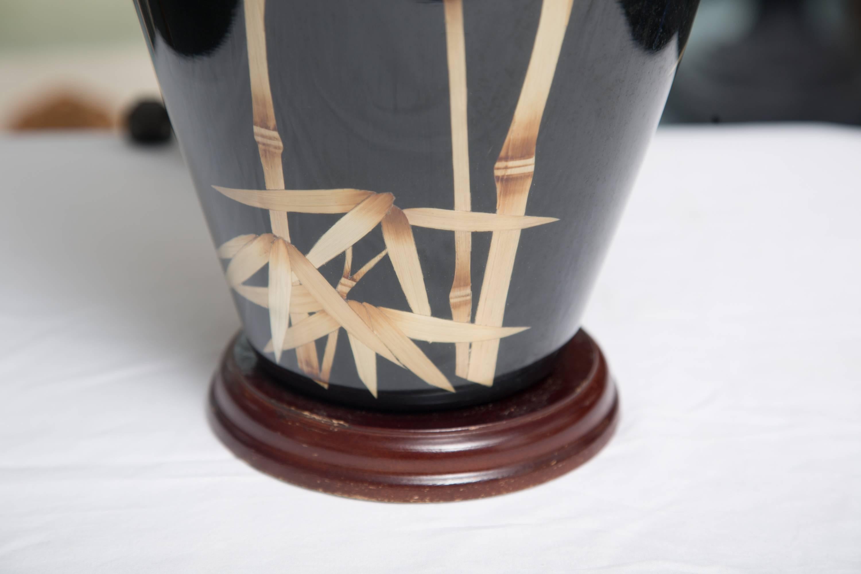 Italian Vintage Black Glass Lamp with Bamboo Design - Pair available For Sale