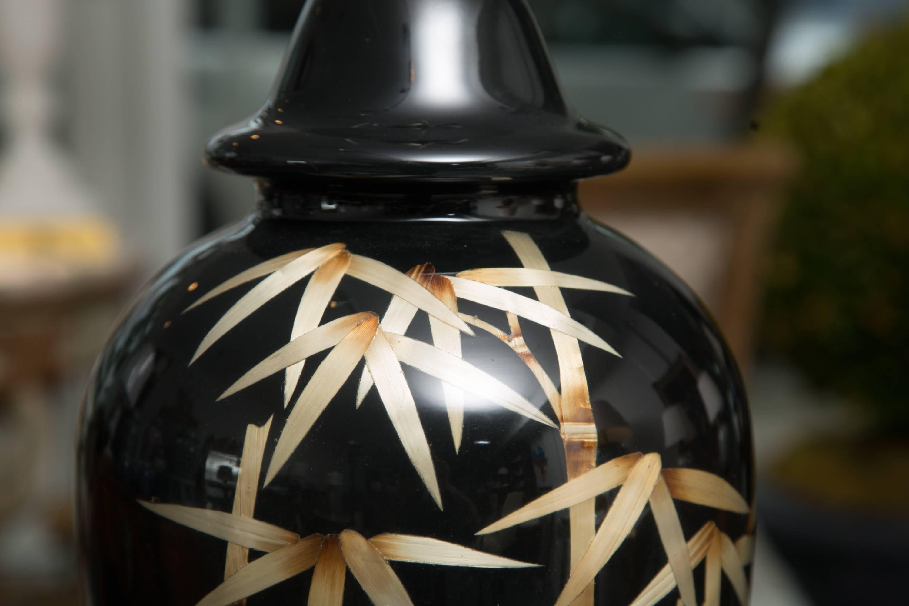 Hand-Painted Pair of Vintage Black Glass Lamps with Bamboo Design For Sale