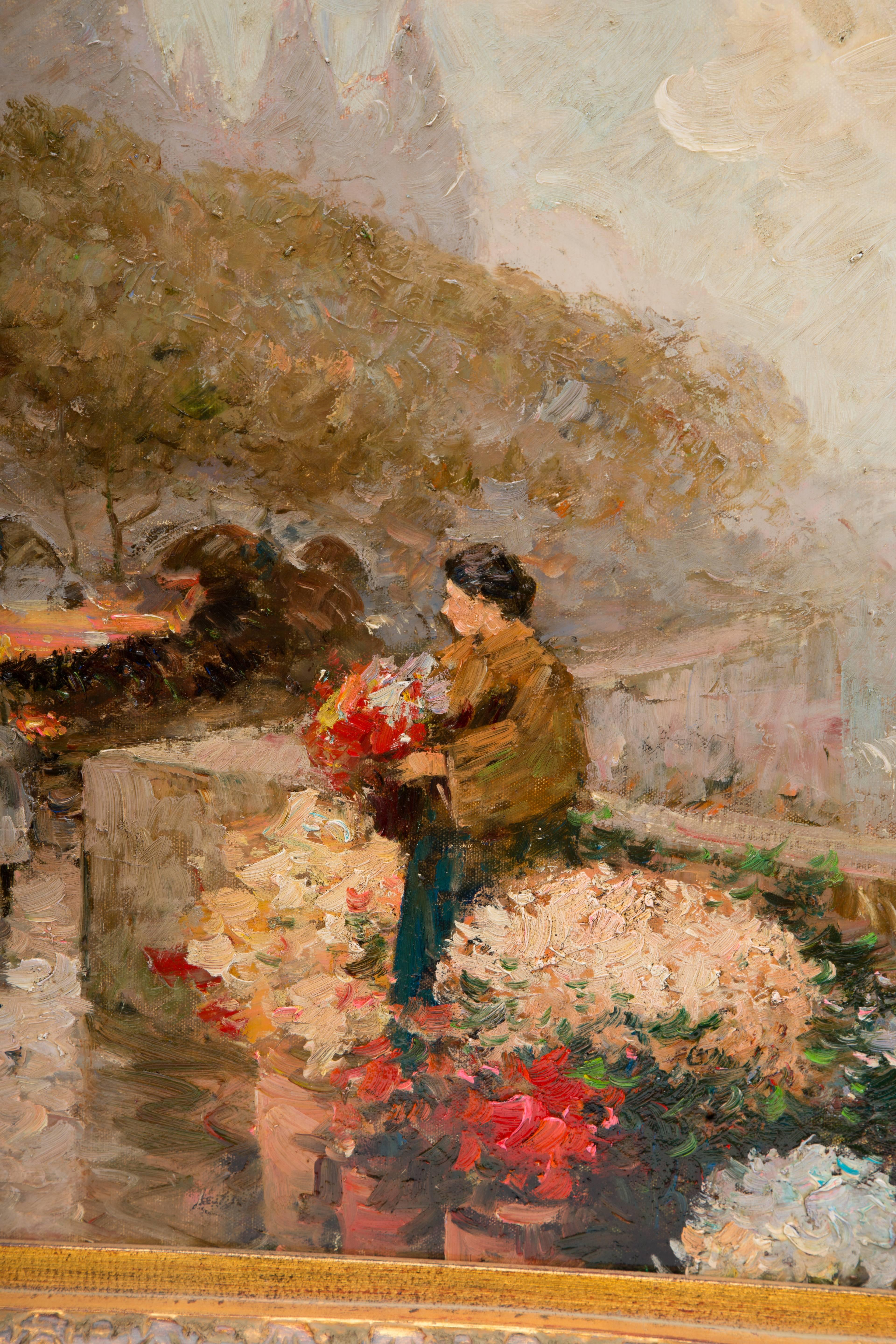 French Oil on Canvas of European Flower Seller