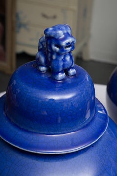 Pair of Large Blue Lidded Urns