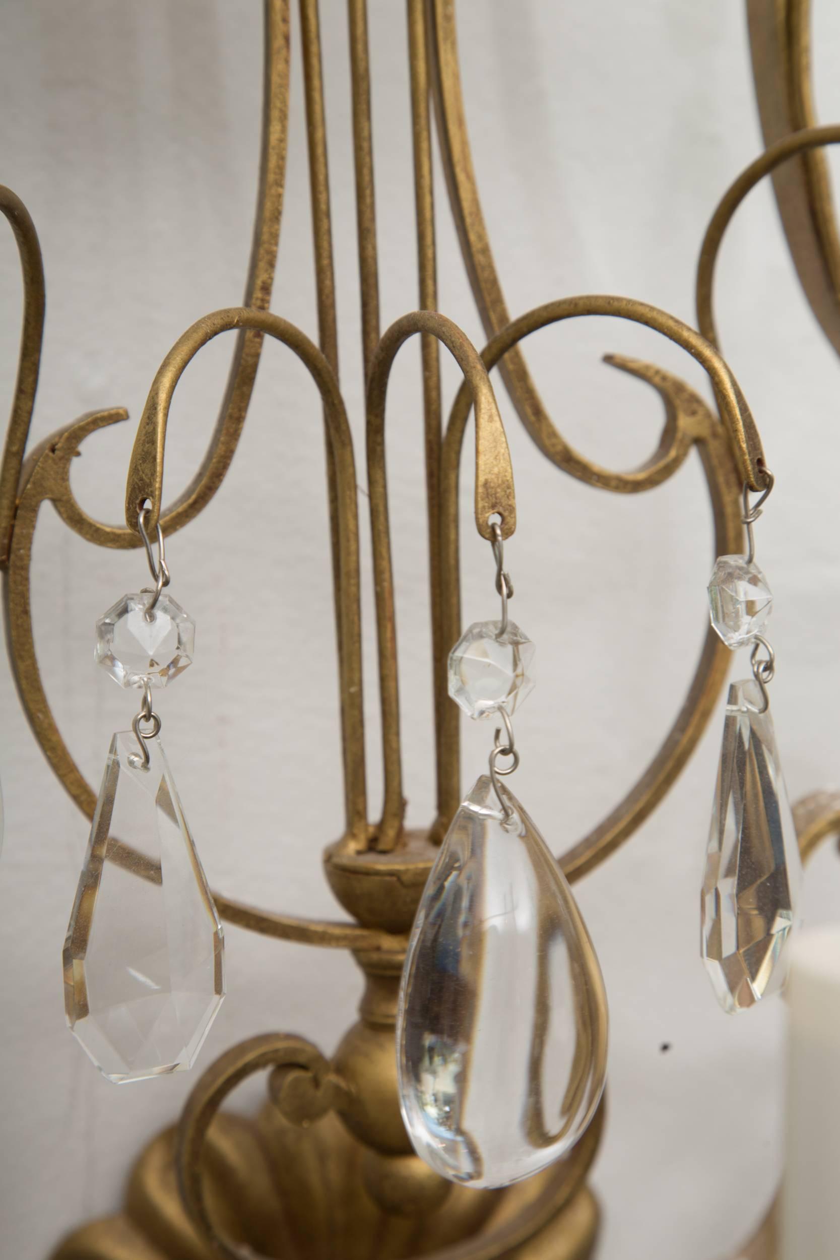 Other Pair of Italian Gilt Metal and Crystal Electrified Sconces For Sale