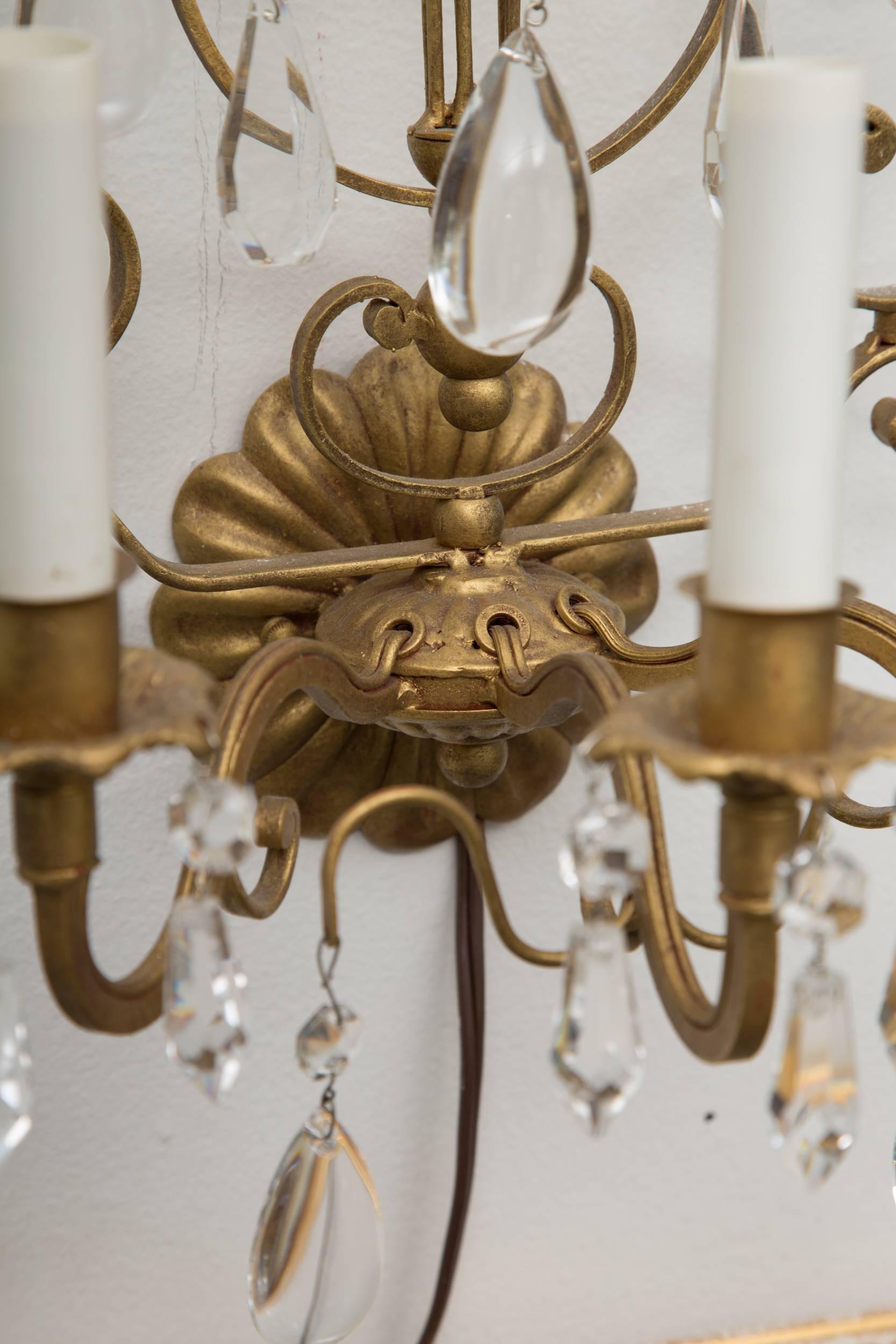 Glass Pair of Italian Gilt Metal and Crystal Electrified Sconces For Sale