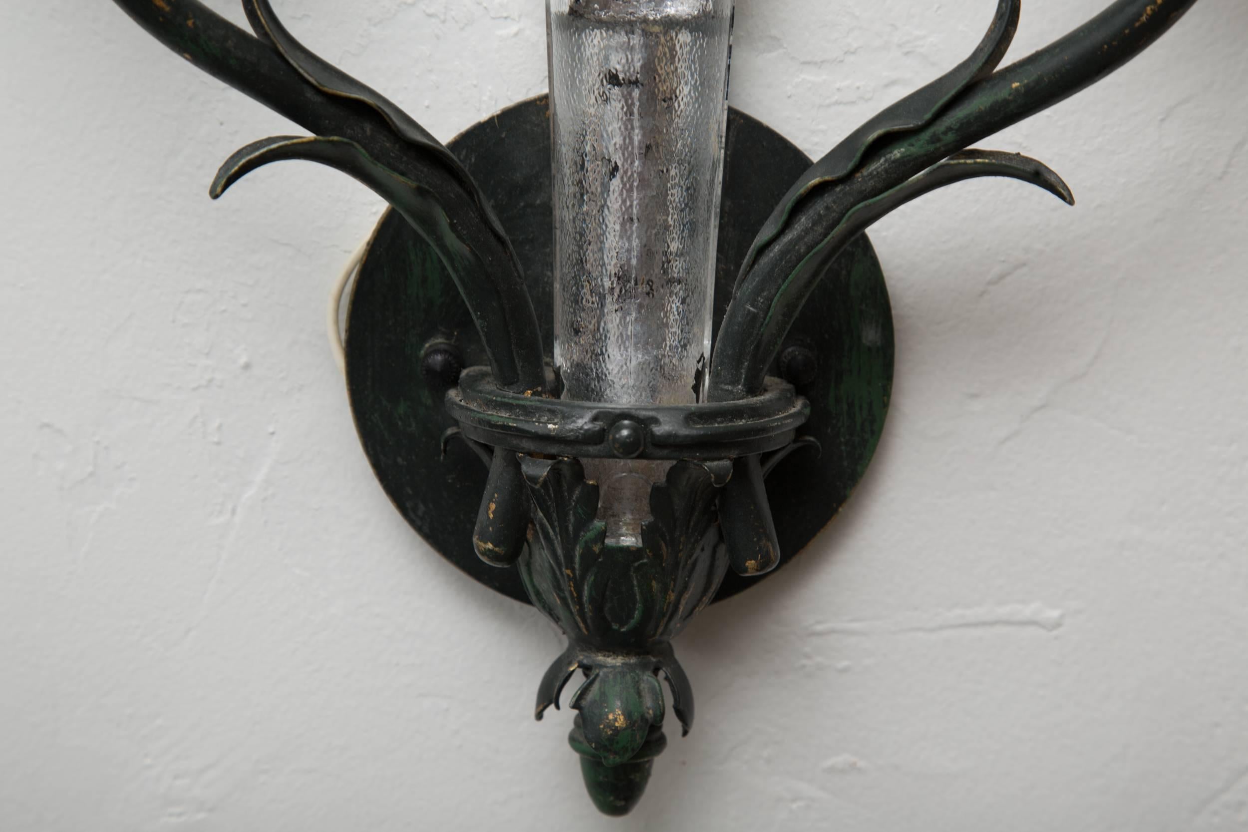 Molded Pair of Painted Metal and Glass Sconces 