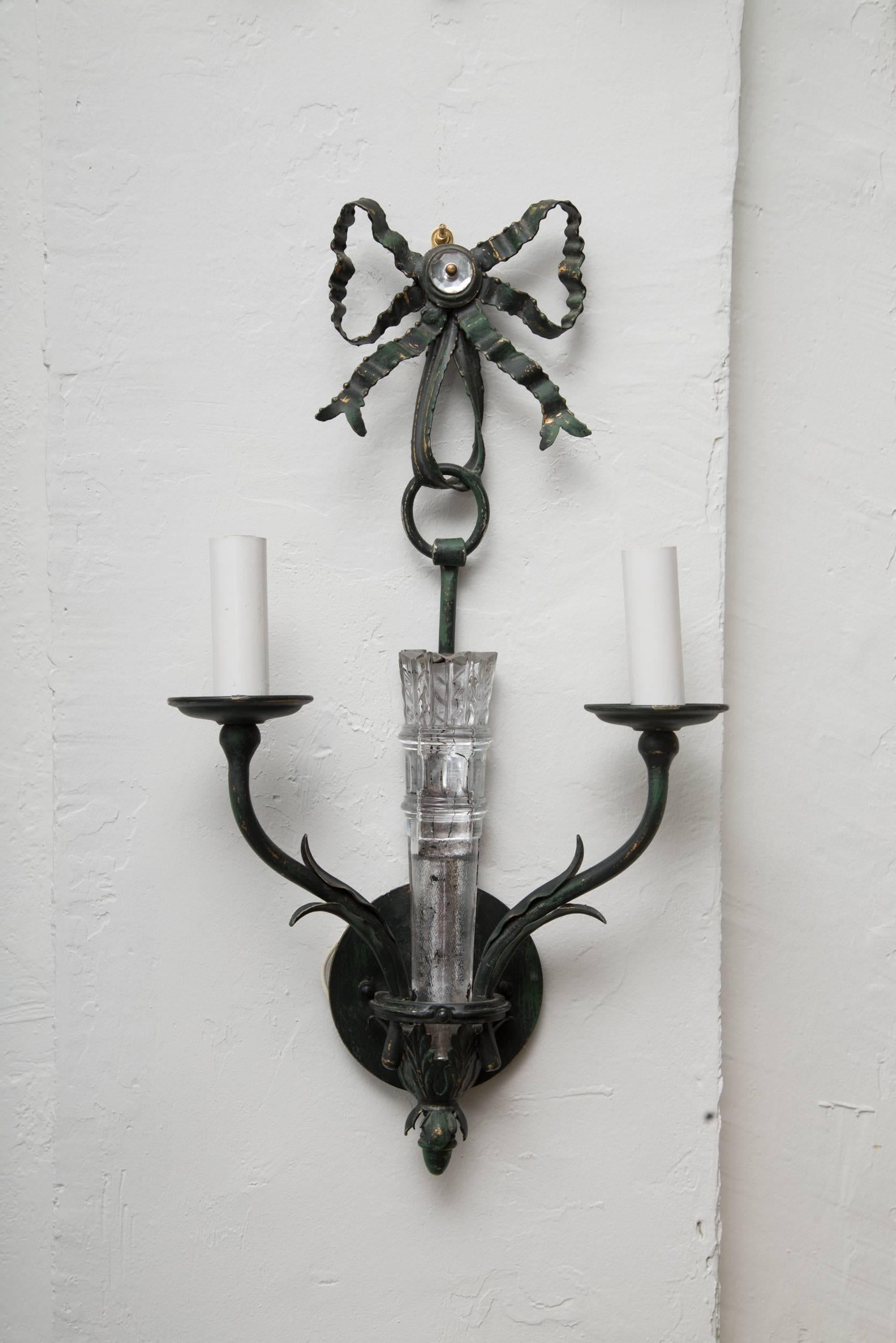 Pair of Painted Metal and Glass Sconces  In Good Condition In WEST PALM BEACH, FL