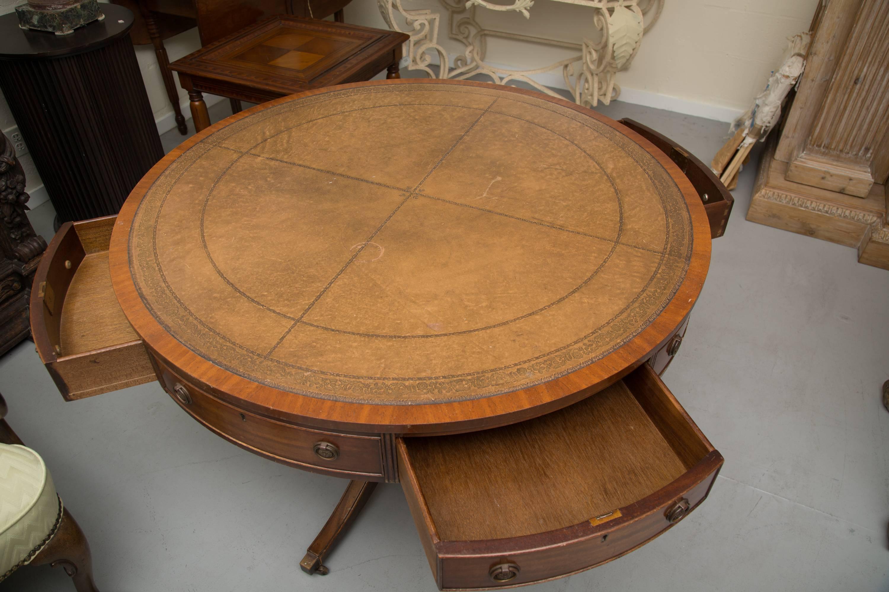 Georgian English Mahogany Drum Table with Leather Inset