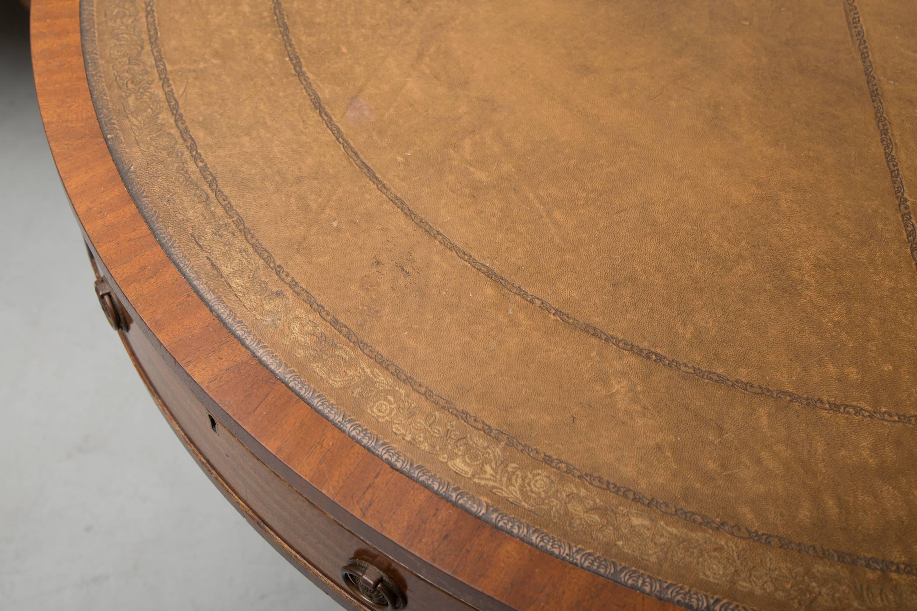 English Mahogany Drum Table with Leather Inset 4