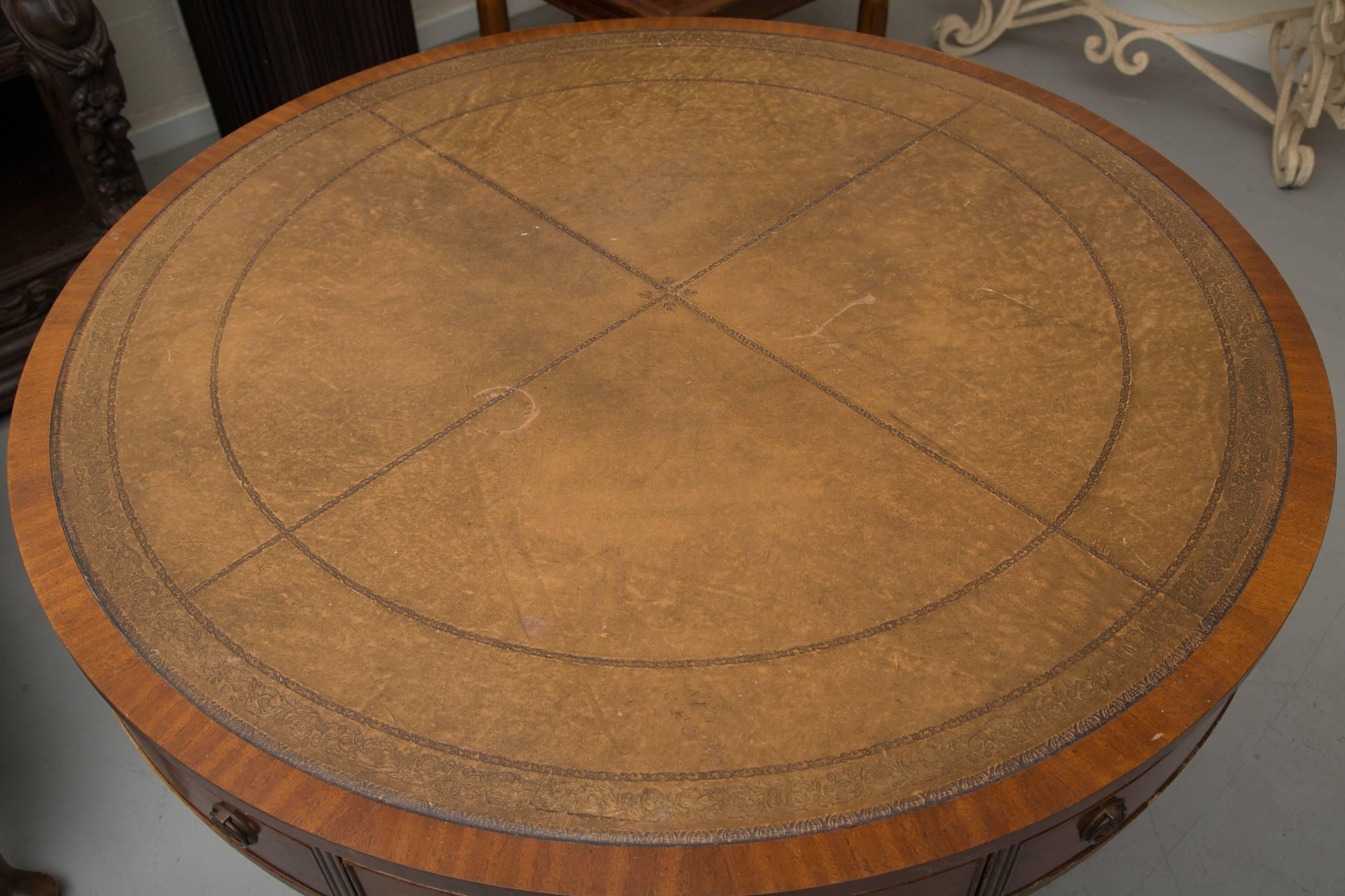 English Mahogany Drum Table with Leather Inset 2