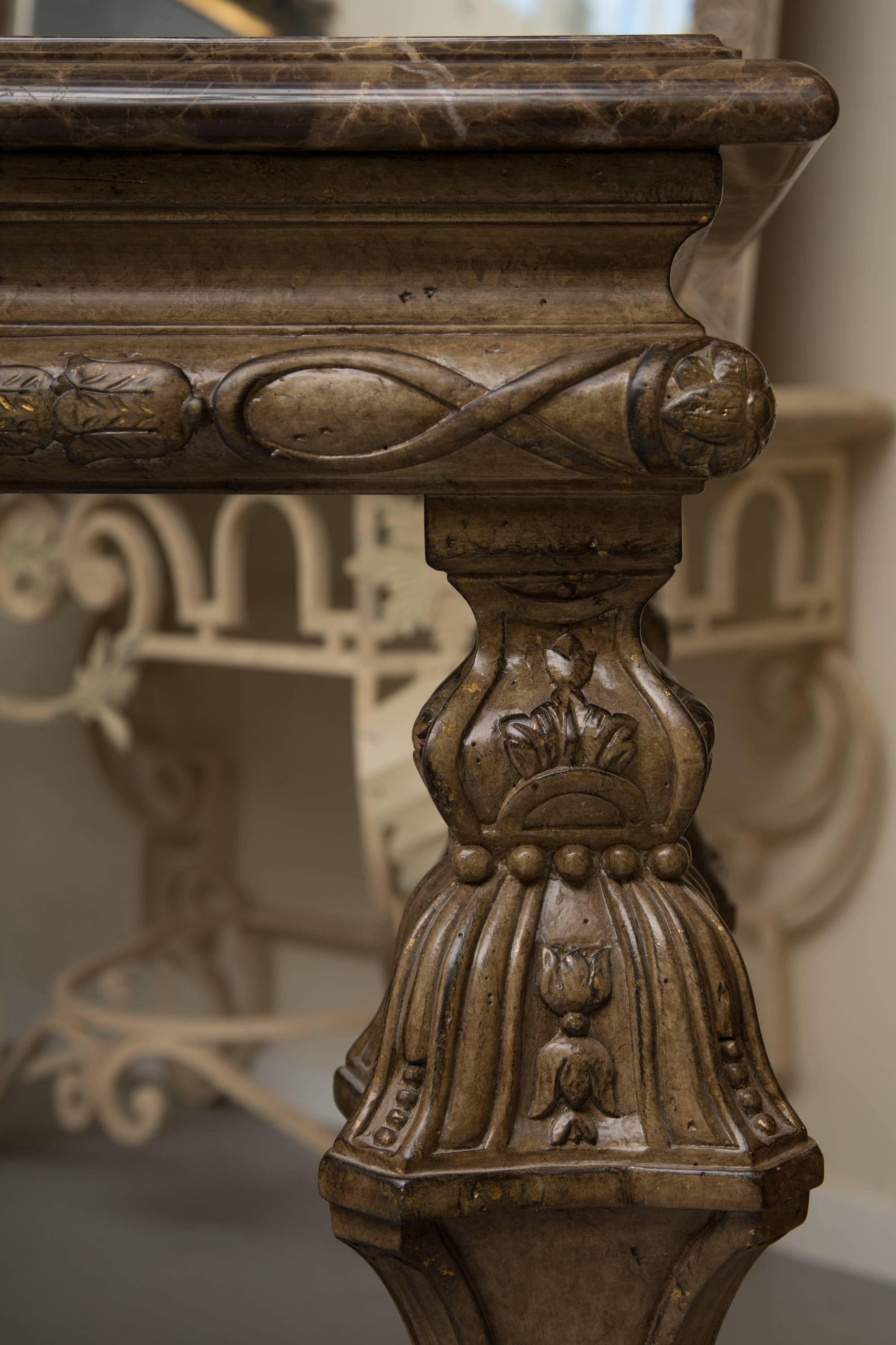 Italian Renaissance Style Console Table with Marble Top In Good Condition In WEST PALM BEACH, FL