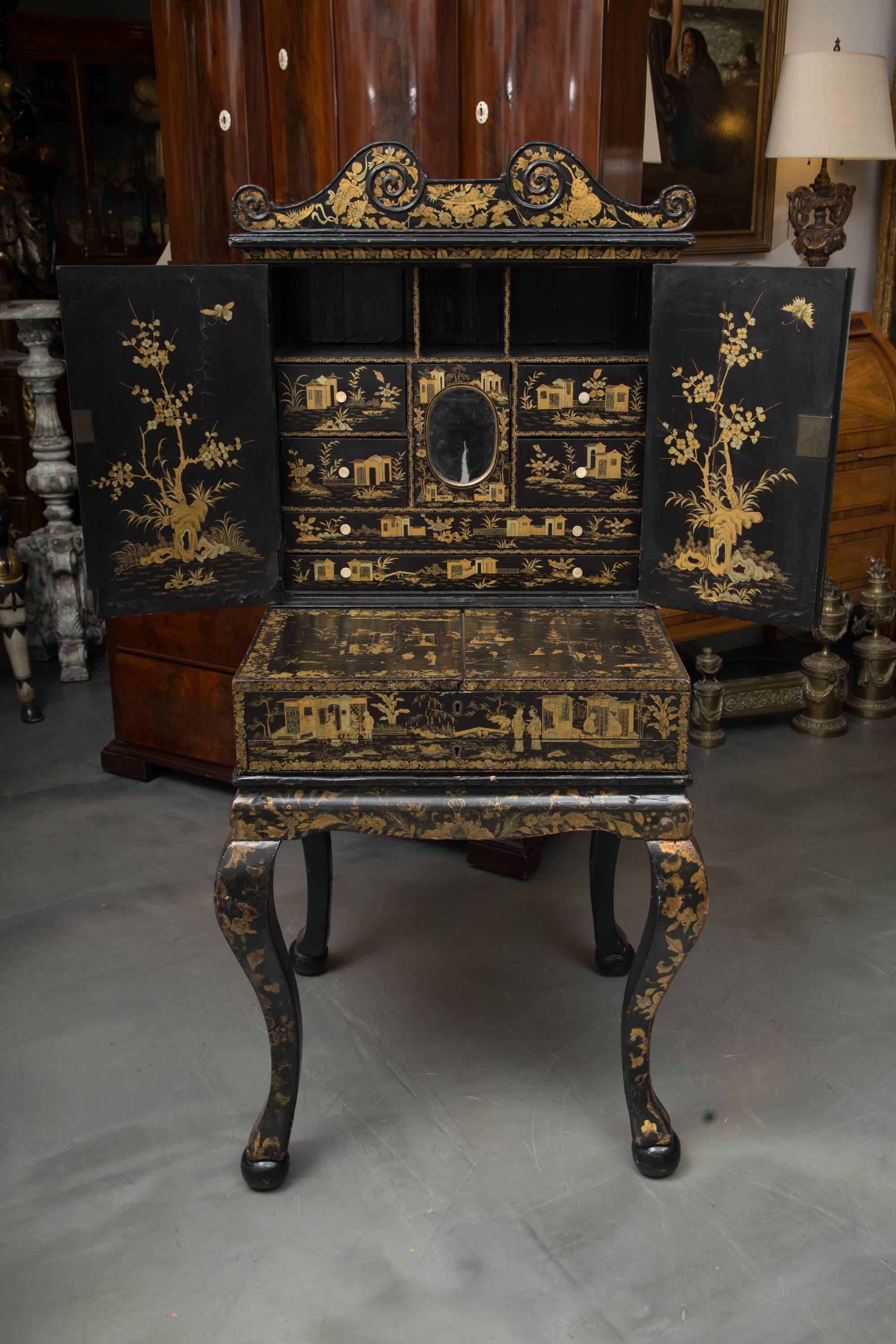 Wood 19th Century English Queen Anne Chinoiserie Chest on Stand For Sale