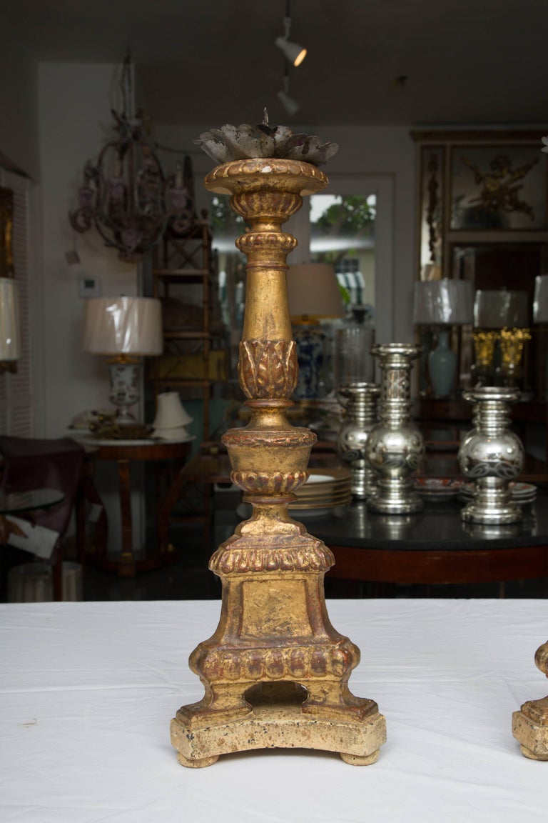 A Pair of Italian Carved Giltwood Pricket Sticks, 19th Century For Sale 3