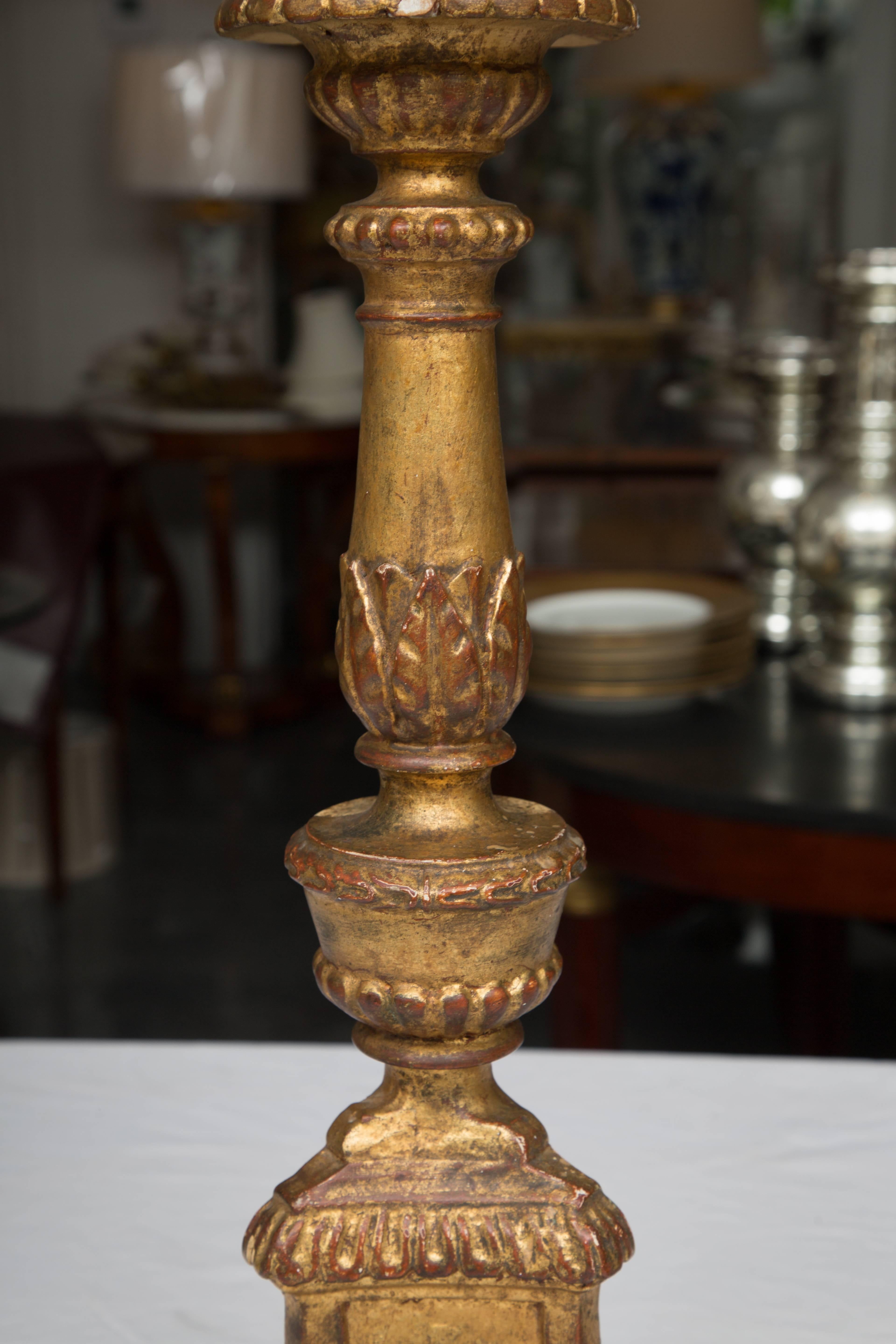 Hand-Carved A Pair of Italian Carved Giltwood Pricket Sticks, 19th Century