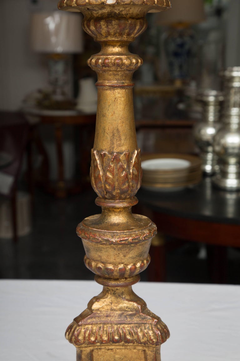 A Pair of Italian Carved Giltwood Pricket Sticks, 19th Century In Good Condition For Sale In WEST PALM BEACH, FL