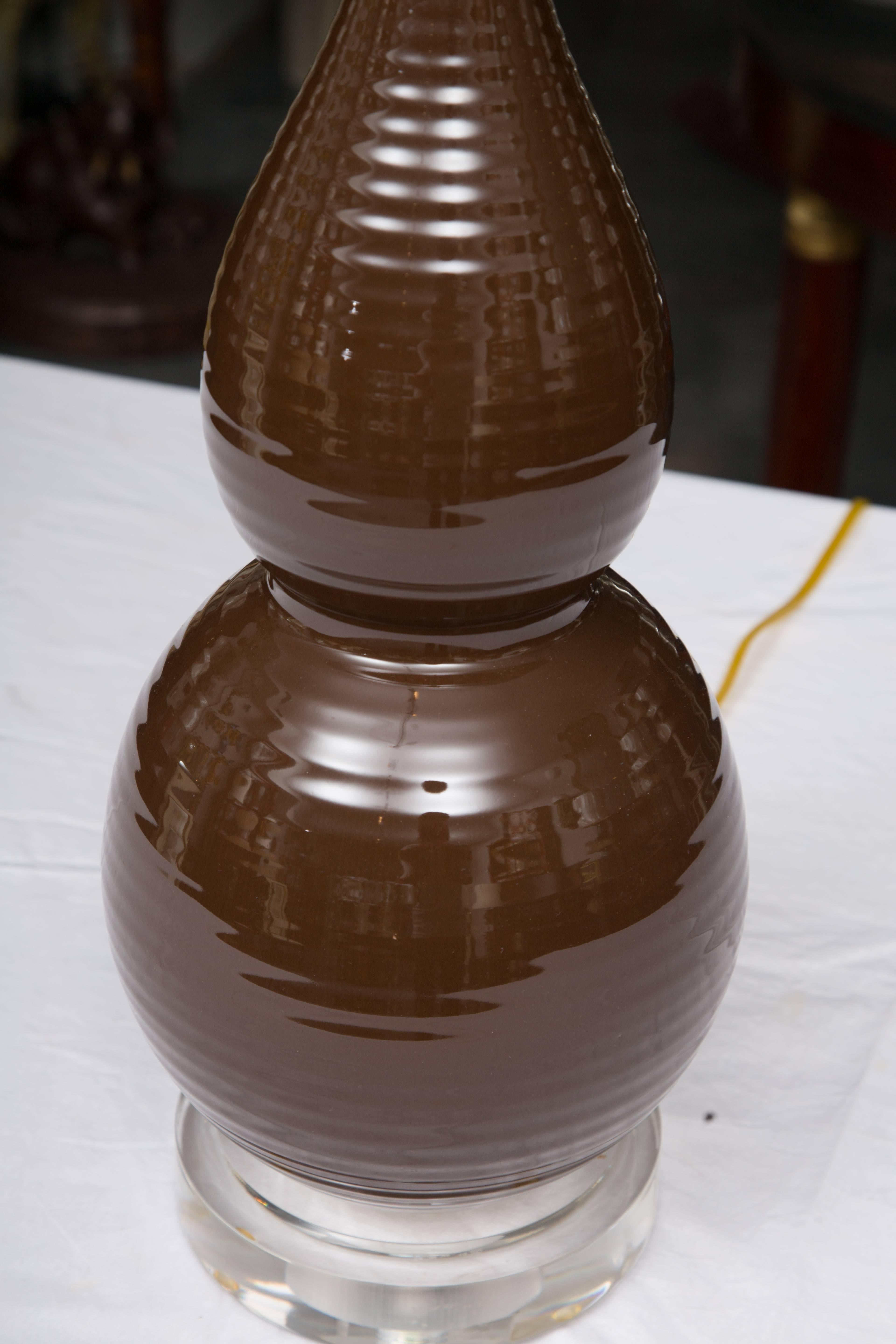 American Pair of Chocolate Brown Double Gourd Table Lamps