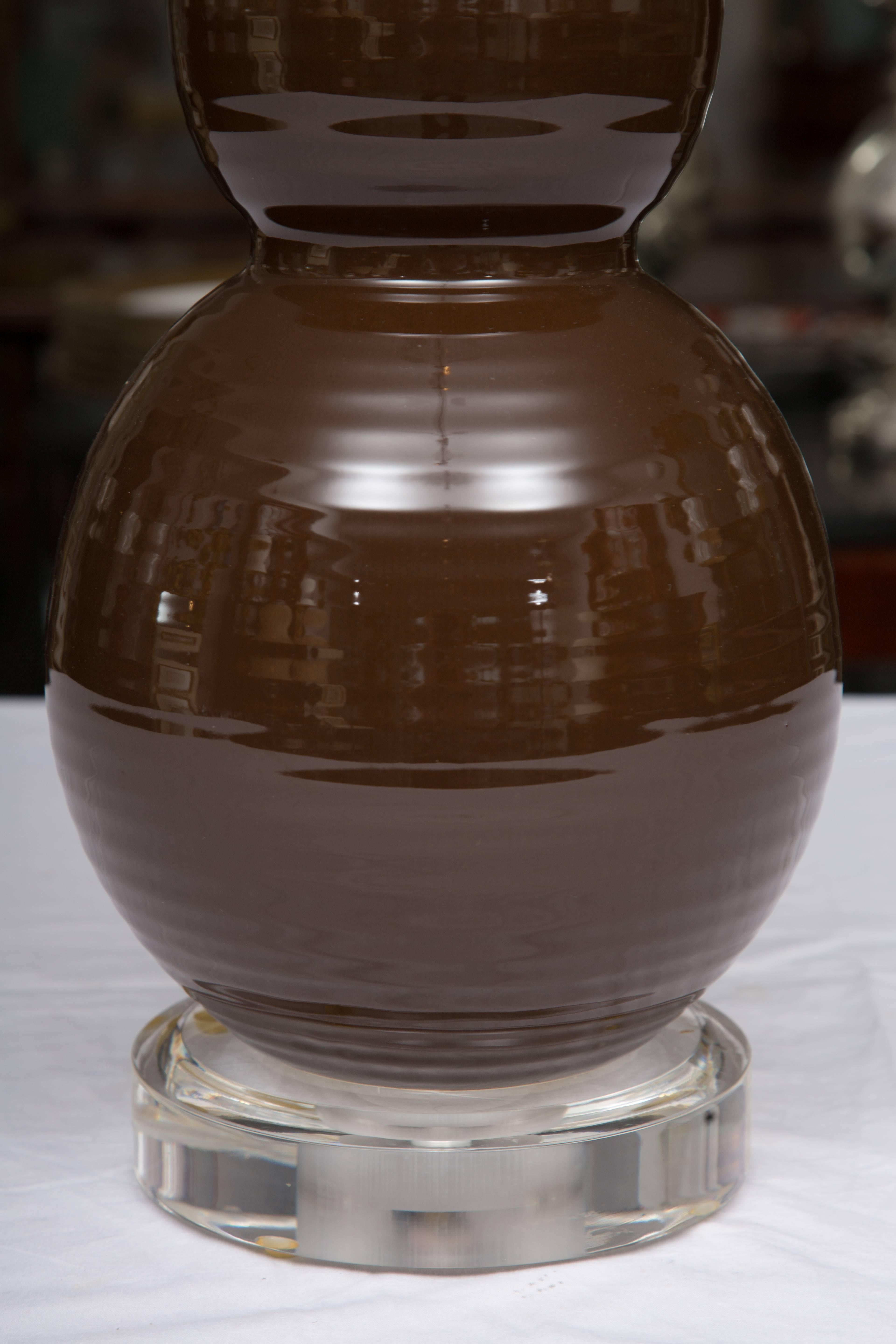 Glazed Pair of Chocolate Brown Double Gourd Table Lamps