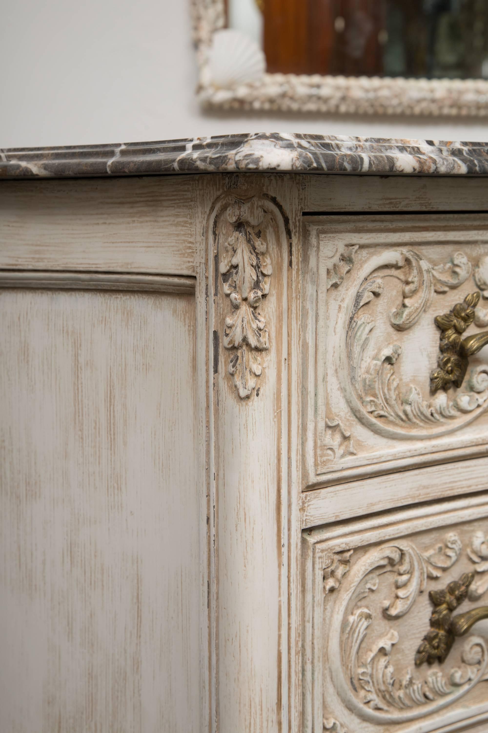 French 20th Century Carved and  Cream-Painted Commode