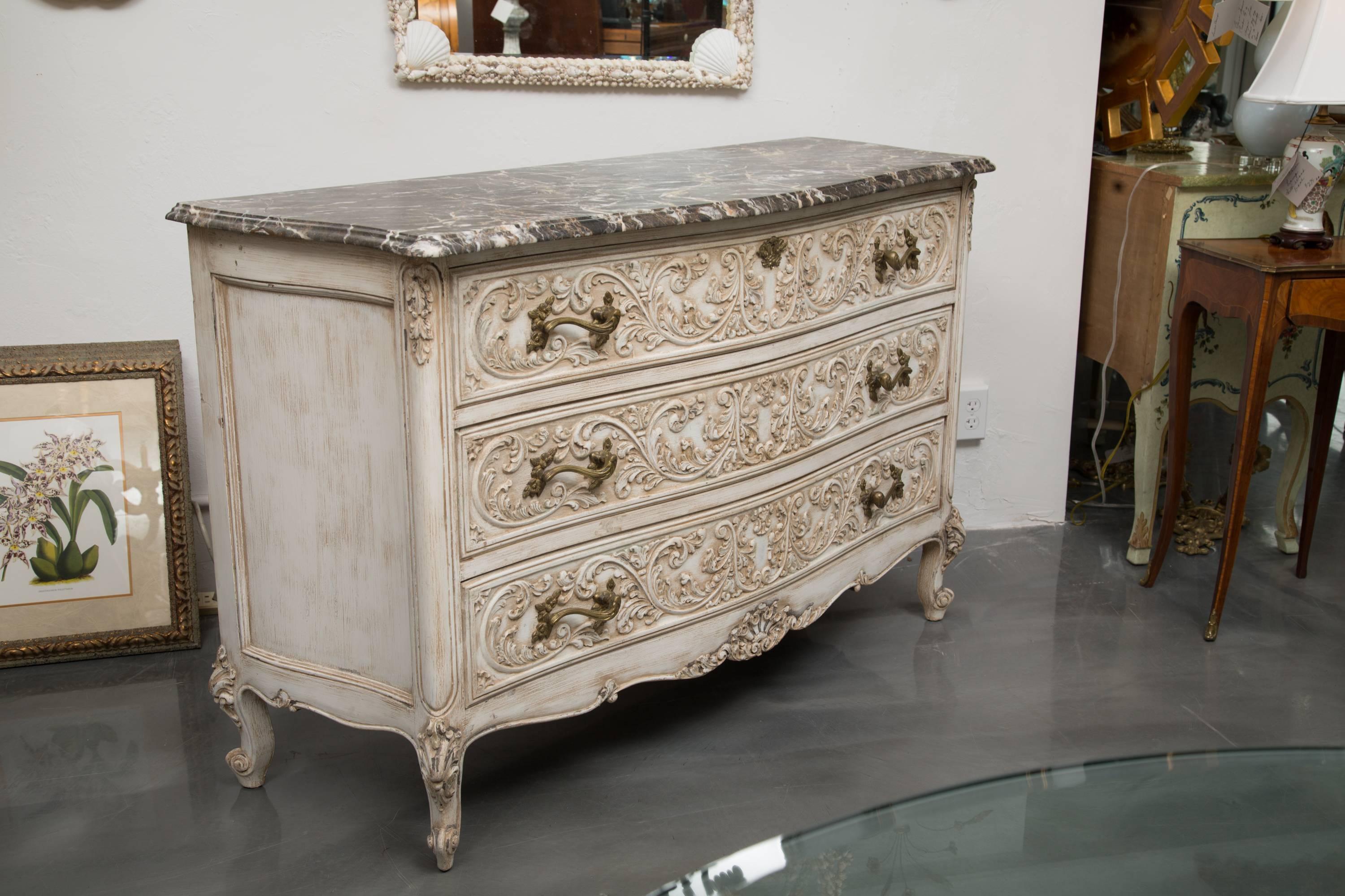 Louis XV 20th Century Carved and  Cream-Painted Commode