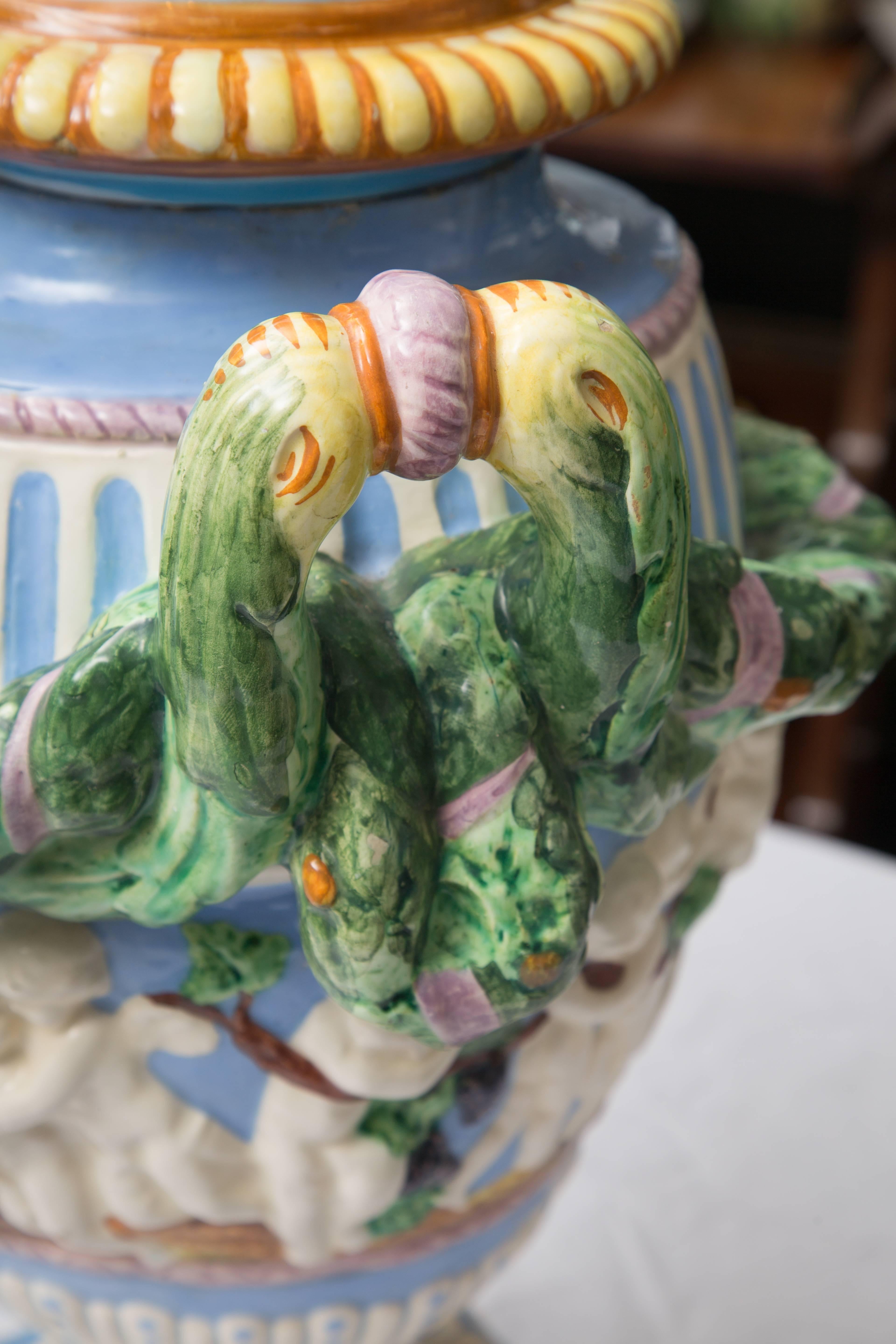 19th Century Della Robbia Italian Hand-Painted and Glazed Lidded Urn For Sale 1