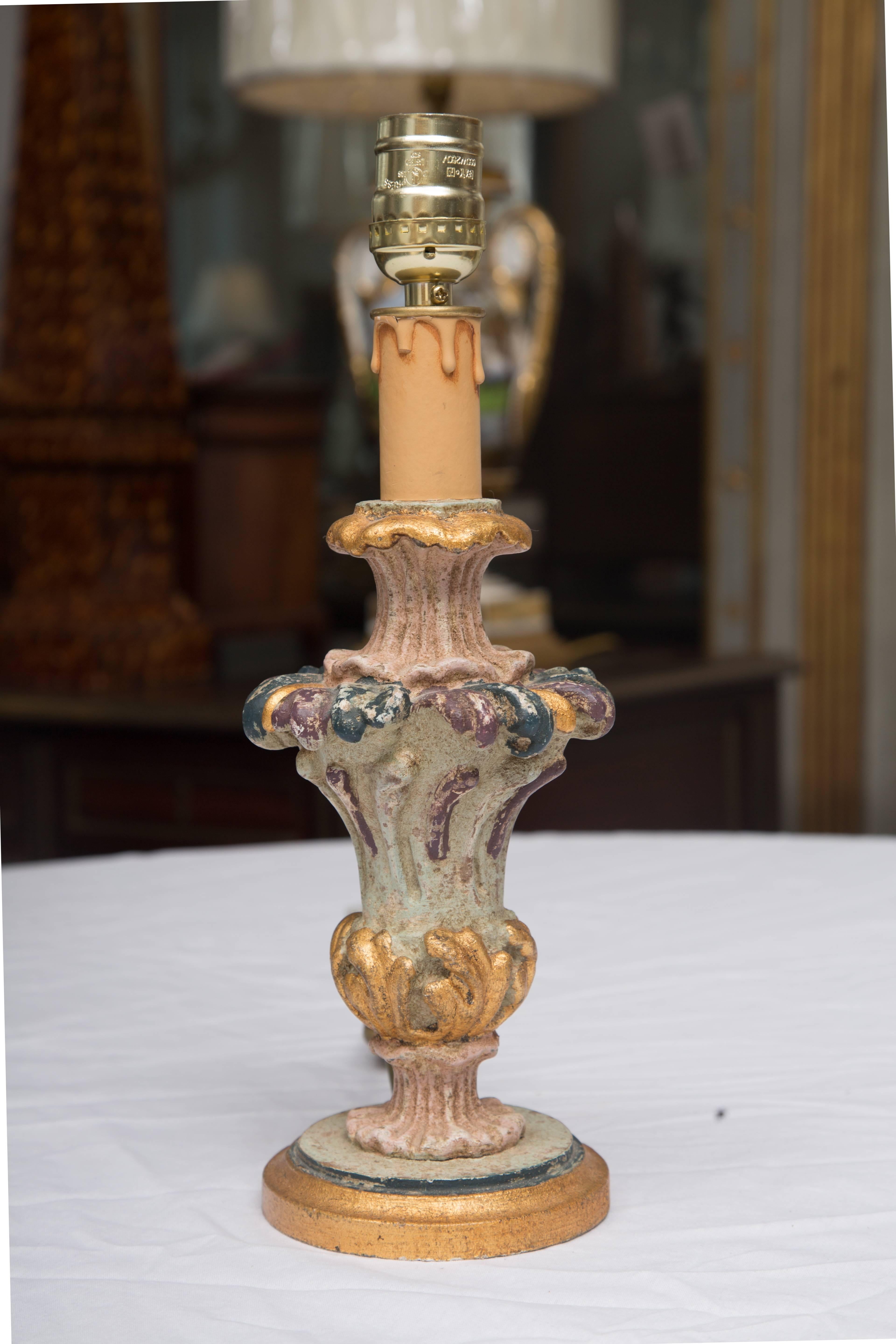 20th Century Hand-Painted and Parcel-Gilt Italian Candlesticks as Lamps For Sale