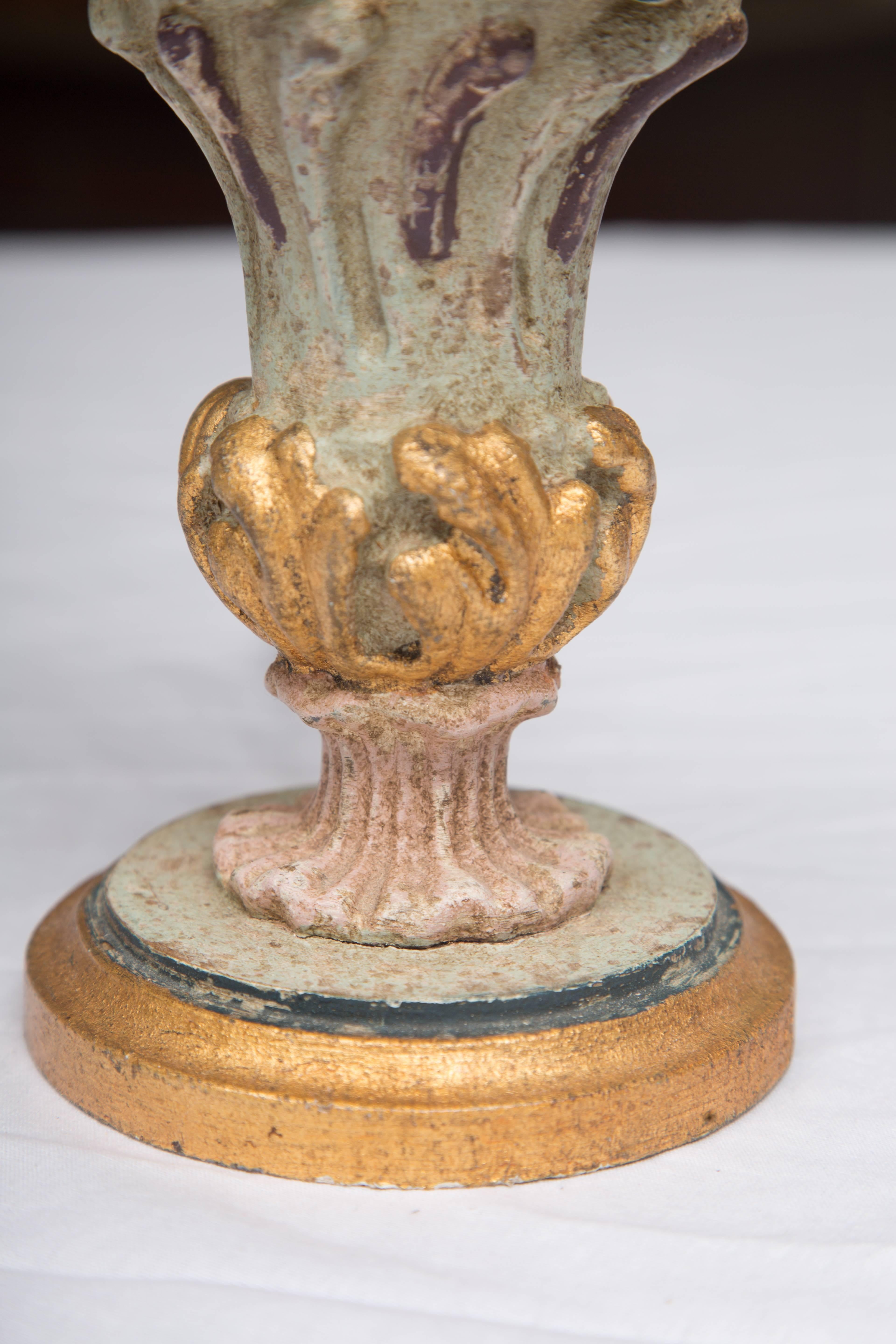 Hand-Painted and Parcel-Gilt Italian Candlesticks as Lamps In Good Condition For Sale In WEST PALM BEACH, FL