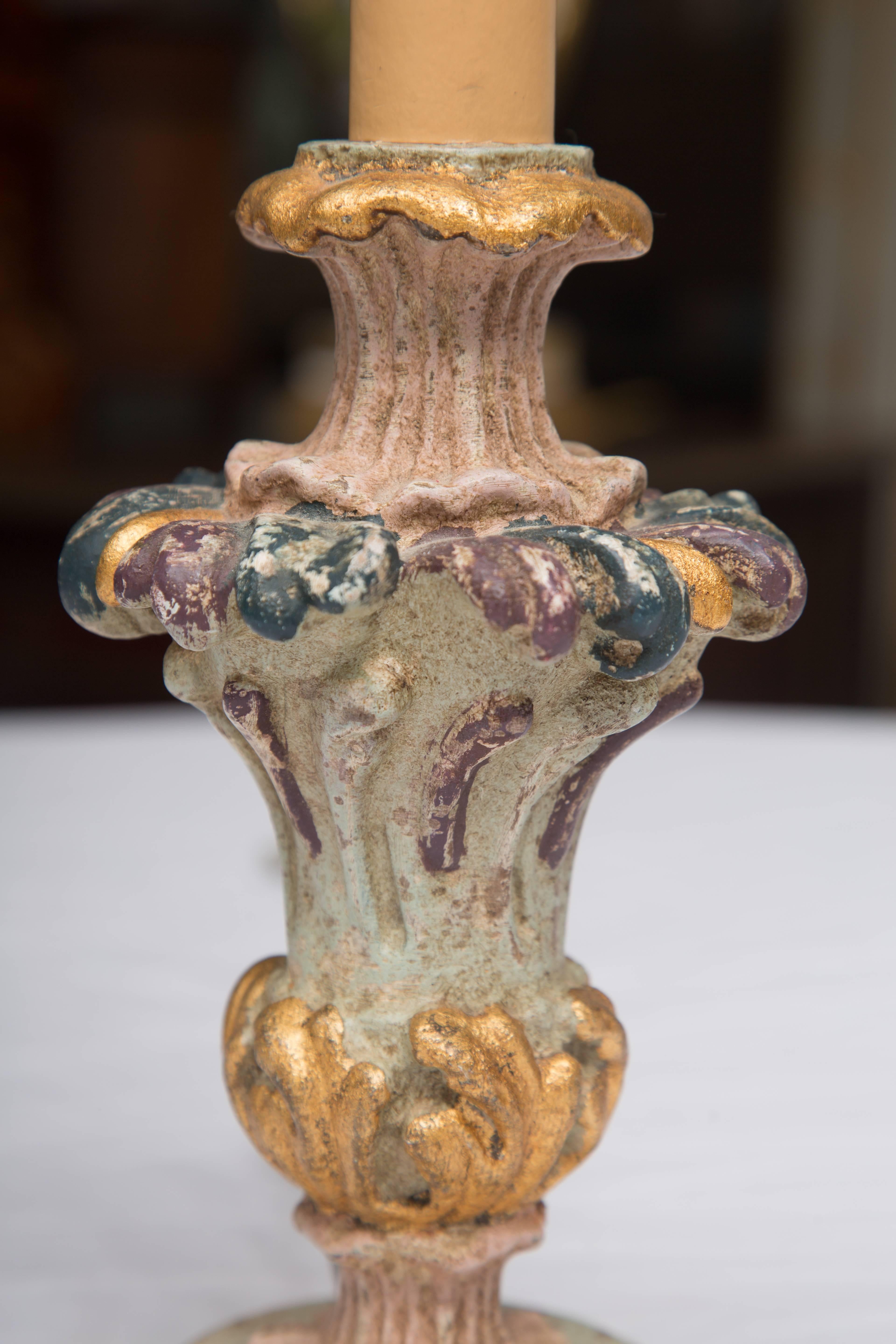 Hand-Carved Hand-Painted and Parcel-Gilt Italian Candlesticks as Lamps