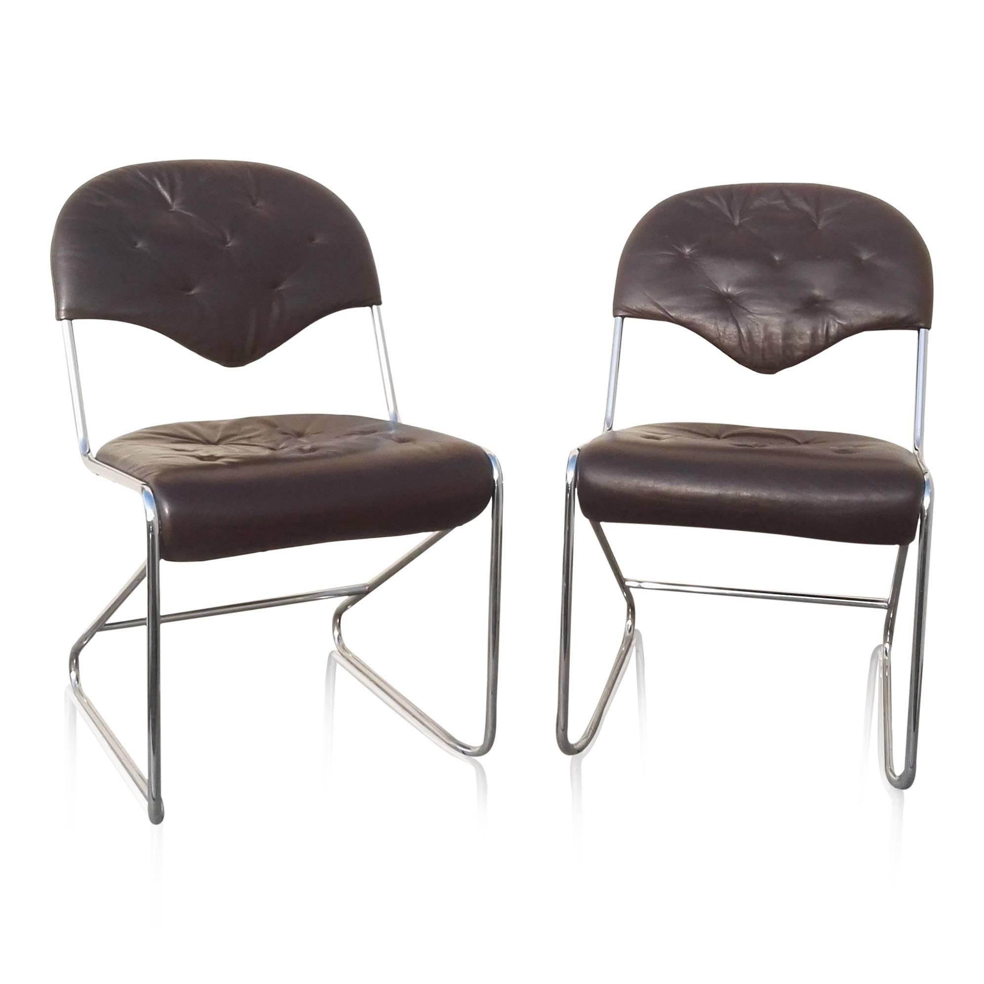 Pair of Chrome and Leather Chairs in the Style of Faleschini, Italy, 1970s