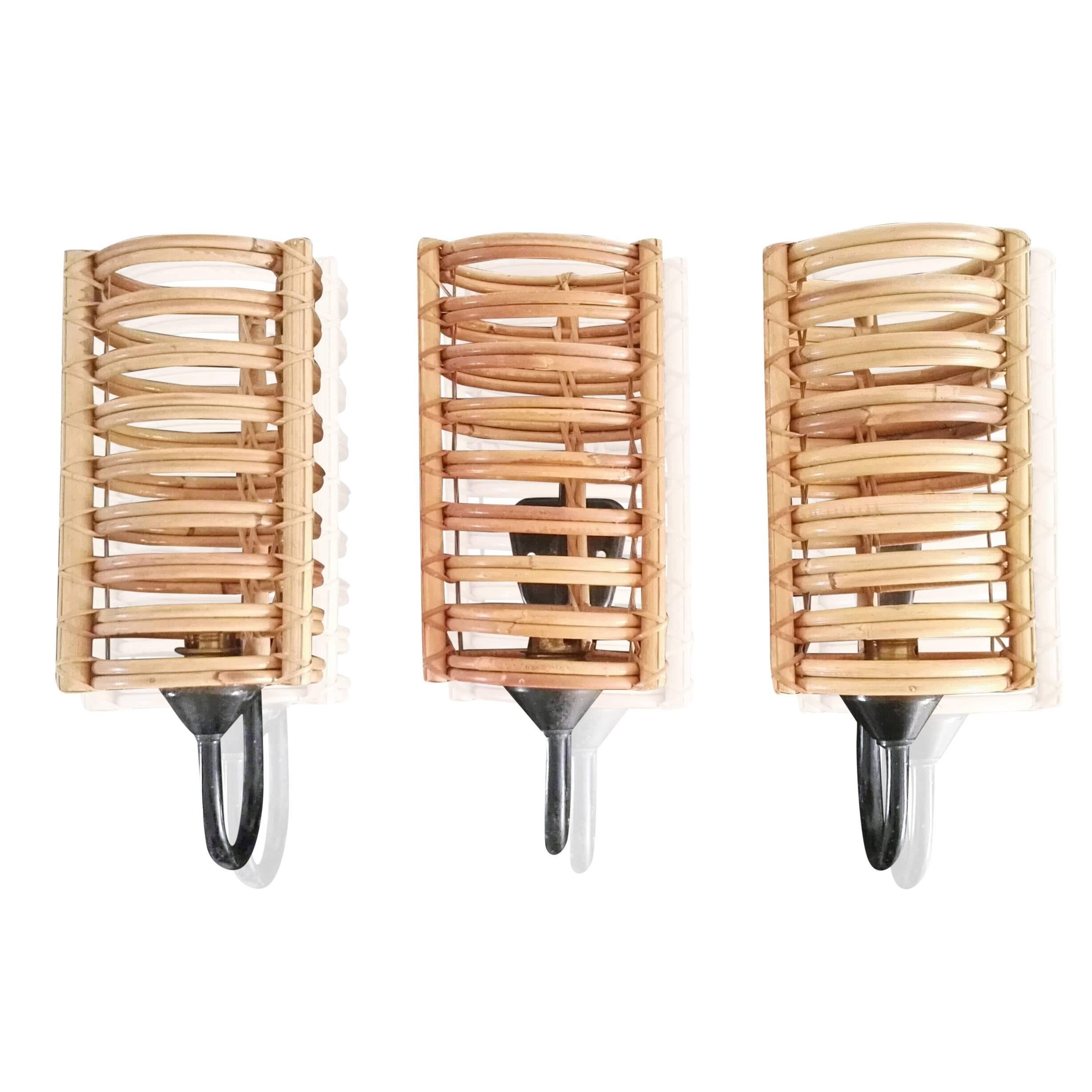 Set of Three Rattan and Lacquered Steel Sconces, France, 1950s In Good Condition In New York, NY