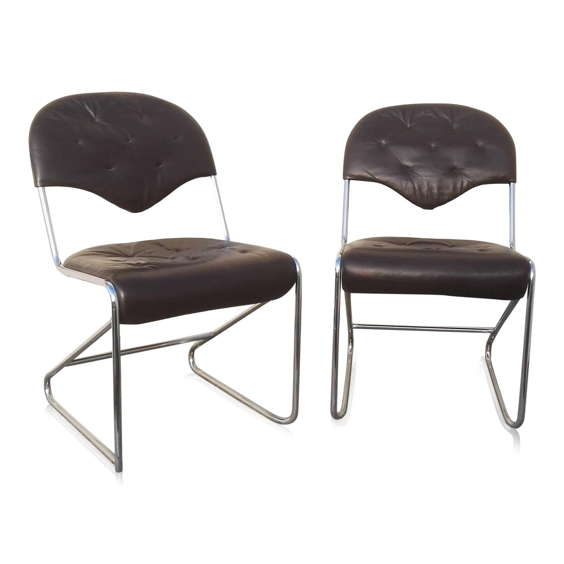 Italian Pair of Chrome and Leather Chairs in the Style of Faleschini, Italy, 1970s