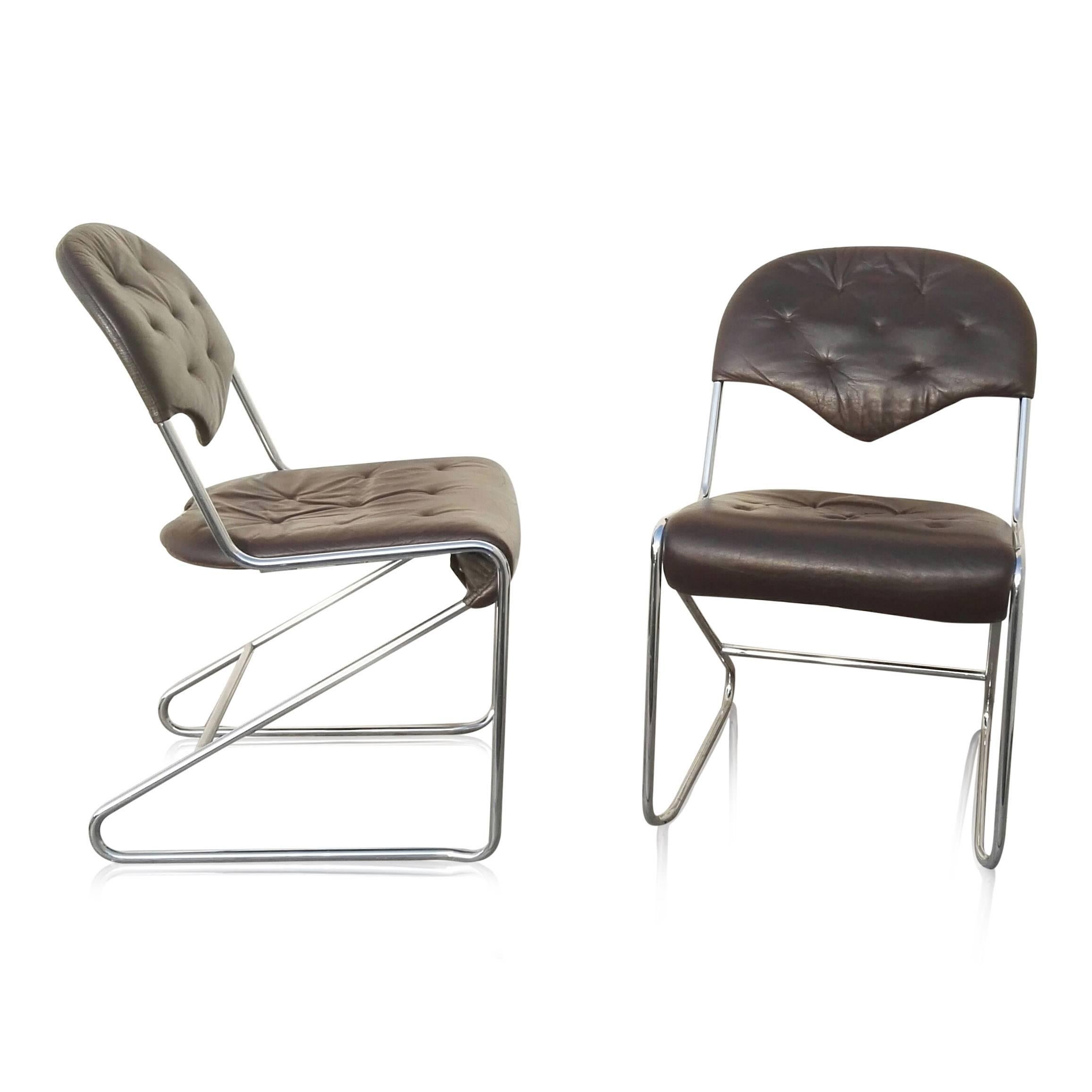 Pair of Chrome and Leather Chairs in the Style of Faleschini, Italy, 1970s 2