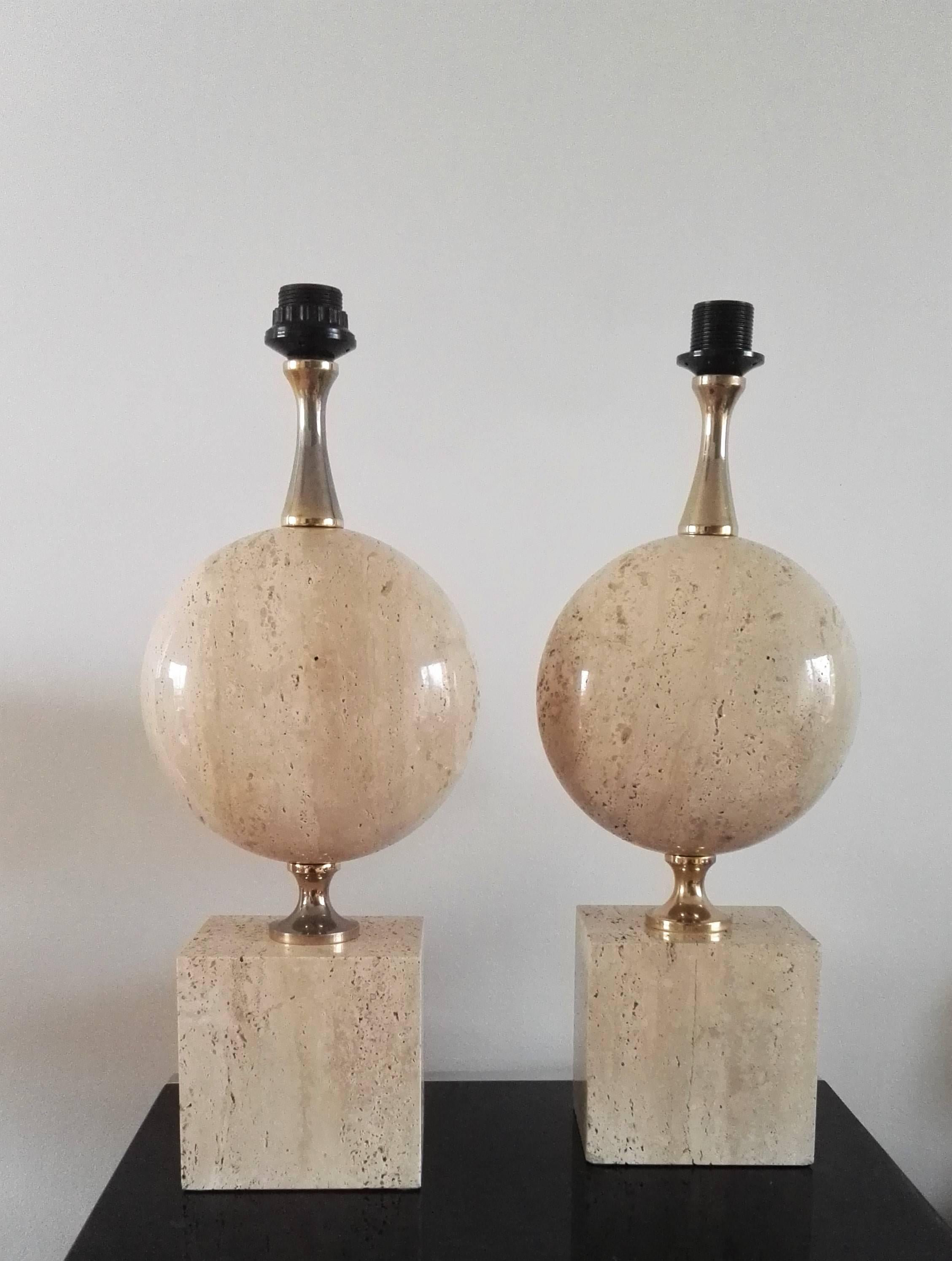Rare pair of Philippe Barbier lamps,
gilt details,
European socket and wiring,
minor dent on one the base of one of the lamps (please see pictures),

 