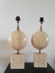 Pair of Large Solid Travertine Table Lamp by Maison Barbier, France, 1970s