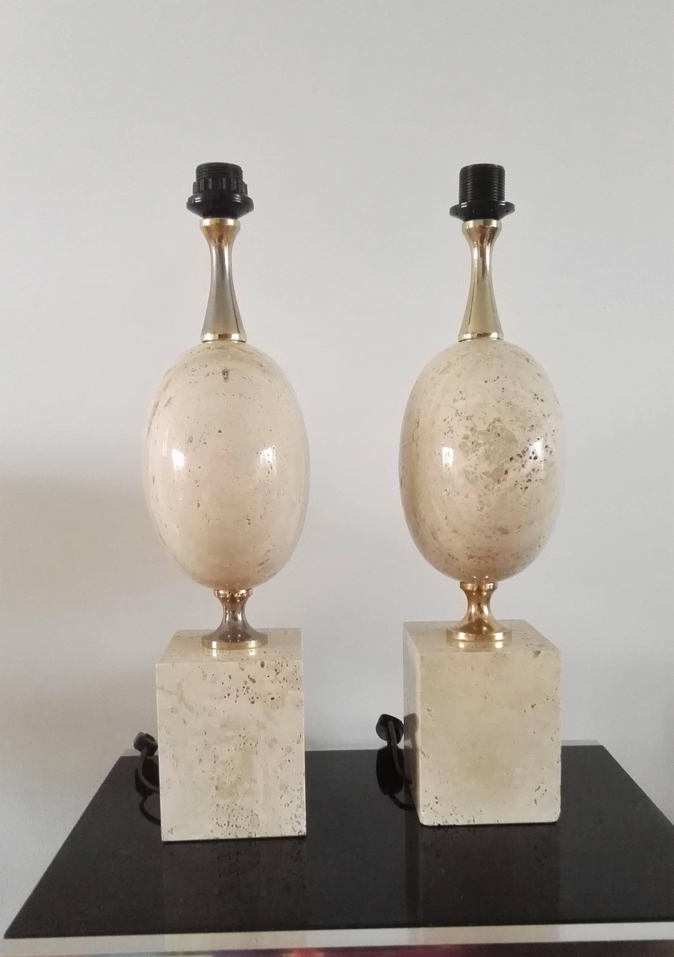 French Pair of Large Solid Travertine Table Lamp by Maison Barbier, France, 1970s