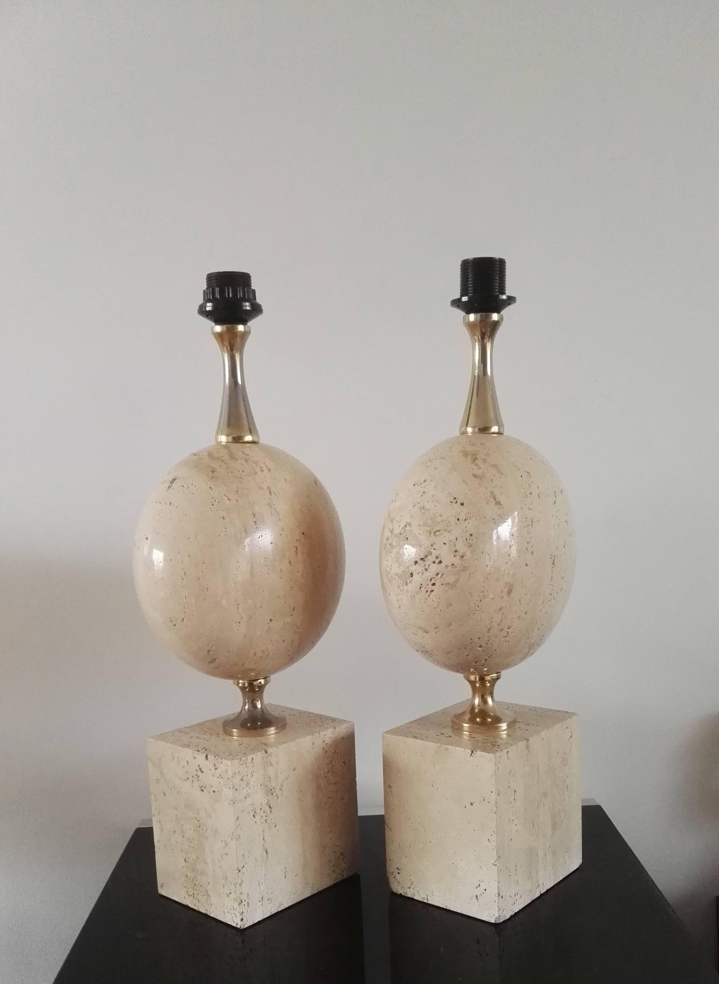 Pair of Large Solid Travertine Table Lamp by Maison Barbier, France, 1970s In Good Condition In New York, NY