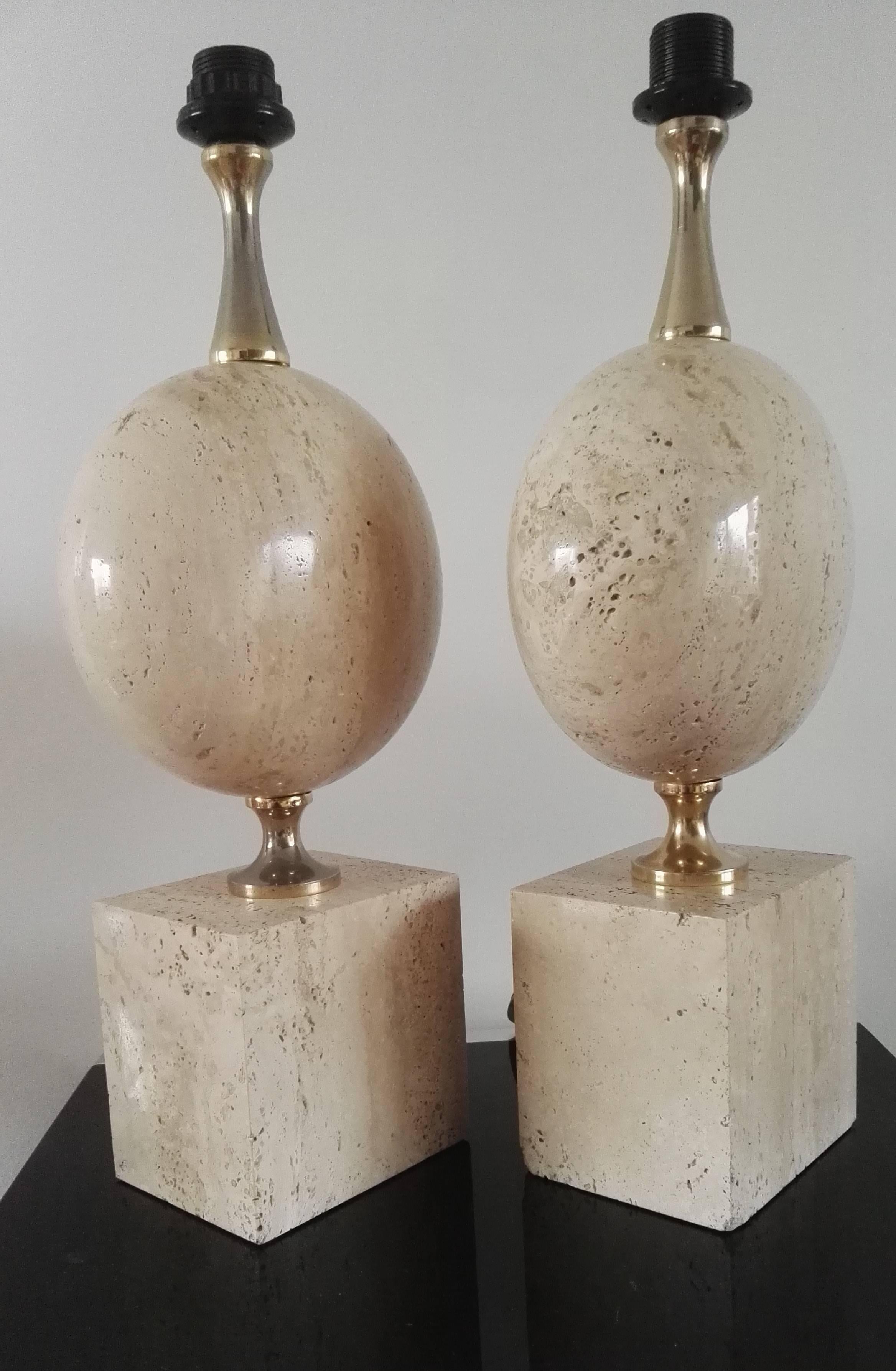 Late 20th Century Pair of Large Solid Travertine Table Lamp by Maison Barbier, France, 1970s