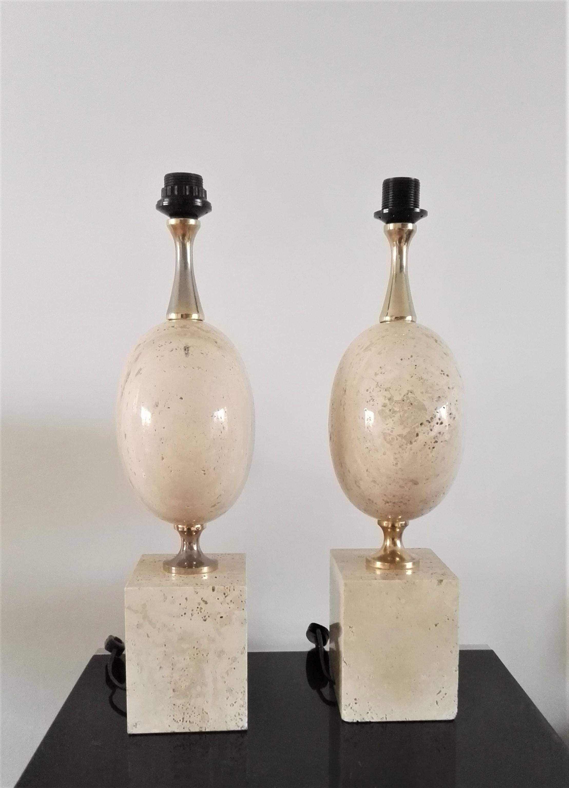 Brass Pair of Large Solid Travertine Table Lamp by Maison Barbier, France, 1970s